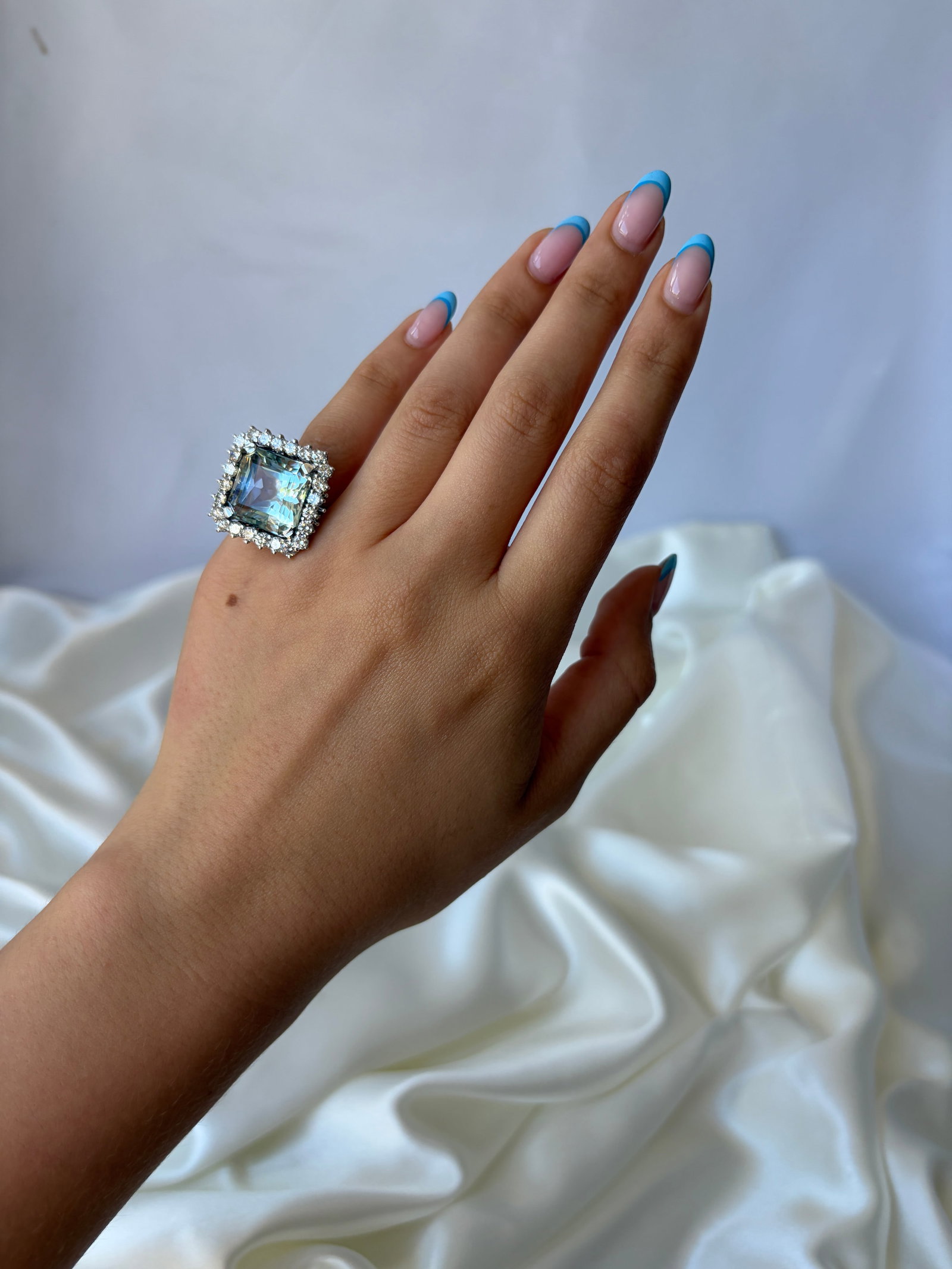 Outstanding Aquamarine And Diamond Square Cocktail Ring Set In Platinum - 12