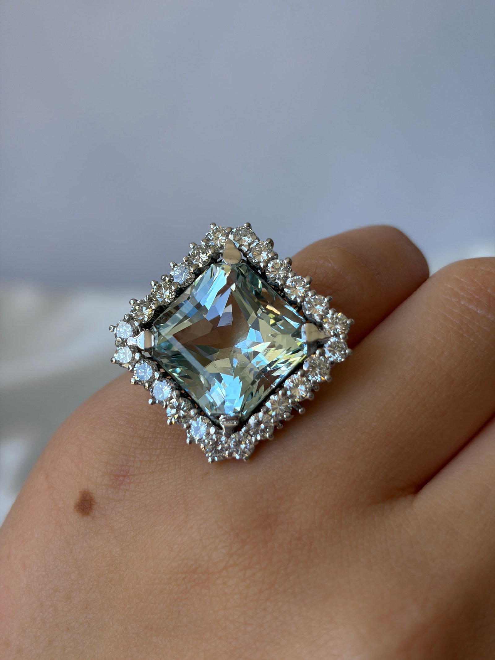 Outstanding Aquamarine And Diamond Square Cocktail Ring Set In Platinum - 13