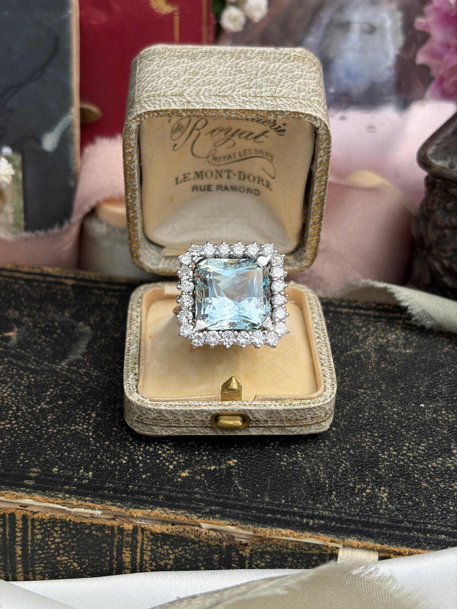 Outstanding Aquamarine And Diamond Square Cocktail Ring Set In Platinum - 2