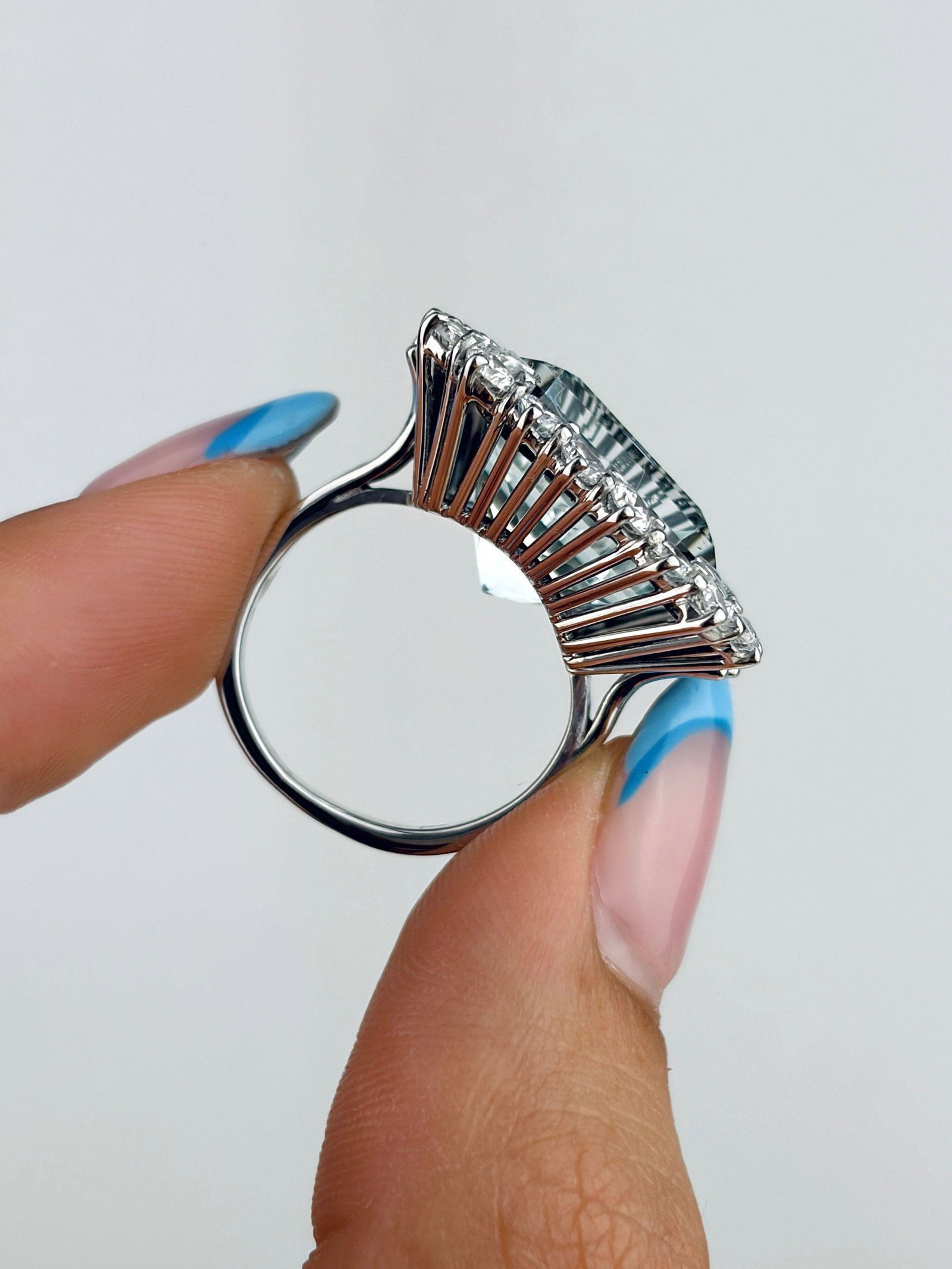 Outstanding Aquamarine And Diamond Square Cocktail Ring Set In Platinum - 8
