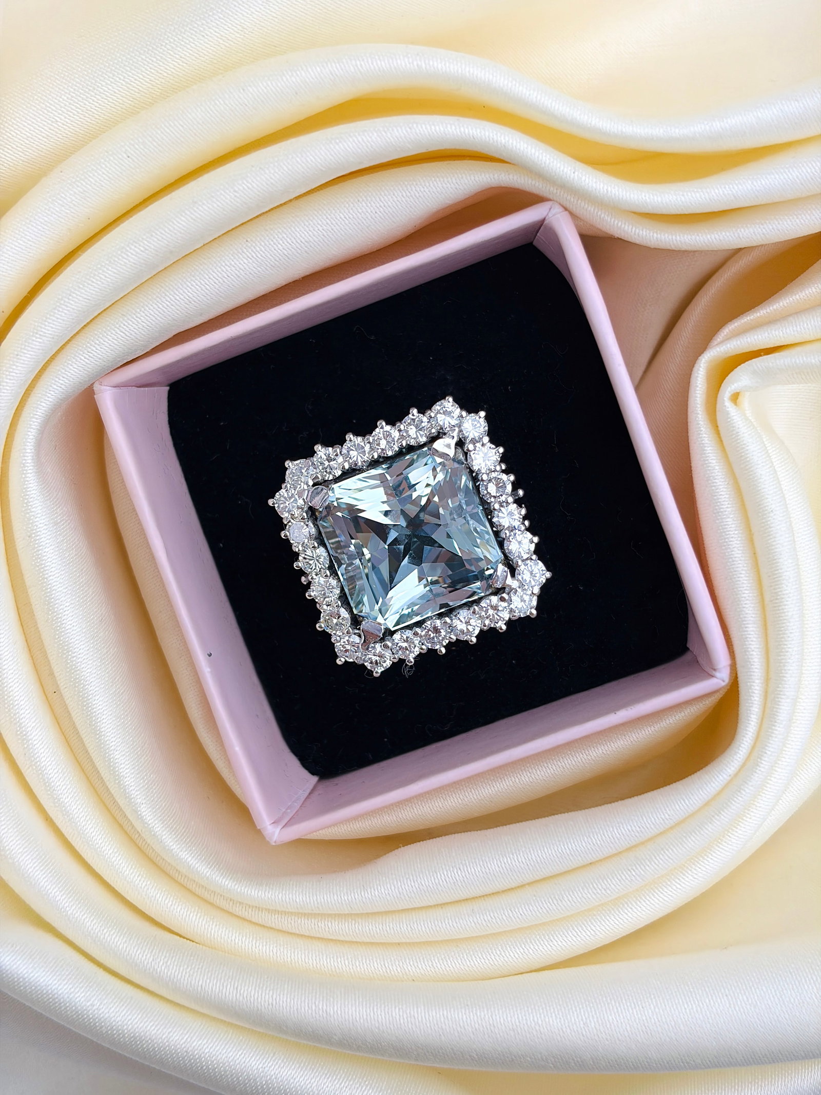 Outstanding Aquamarine And Diamond Square Cocktail Ring Set In Platinum - 9