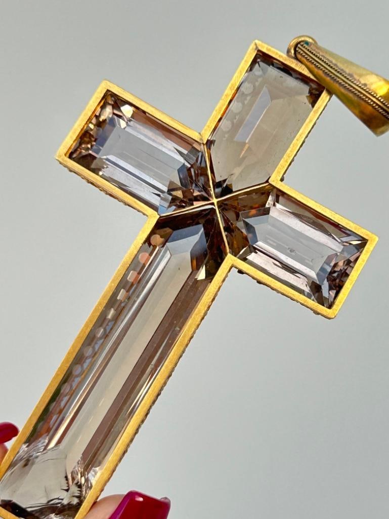 Giant Antique Quartz Cross Pendant in Gold - 2