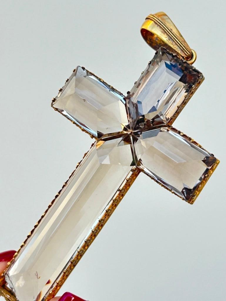 Giant Antique Quartz Cross Pendant in Gold - 3