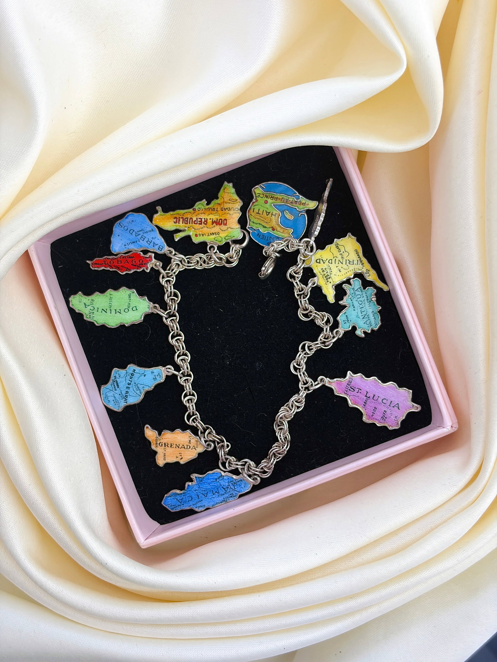 Vintage Sterling Silver Enamel Caribbean Island Map Charm Bracelet - 5