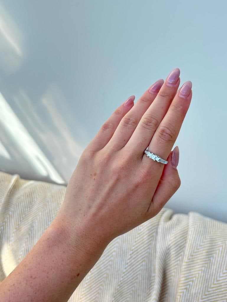 *Vintage Princess Cut Diamond and Platinum Three Stone Ring - 12