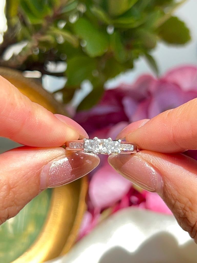 *Vintage Princess Cut Diamond and Platinum Three Stone Ring - 15