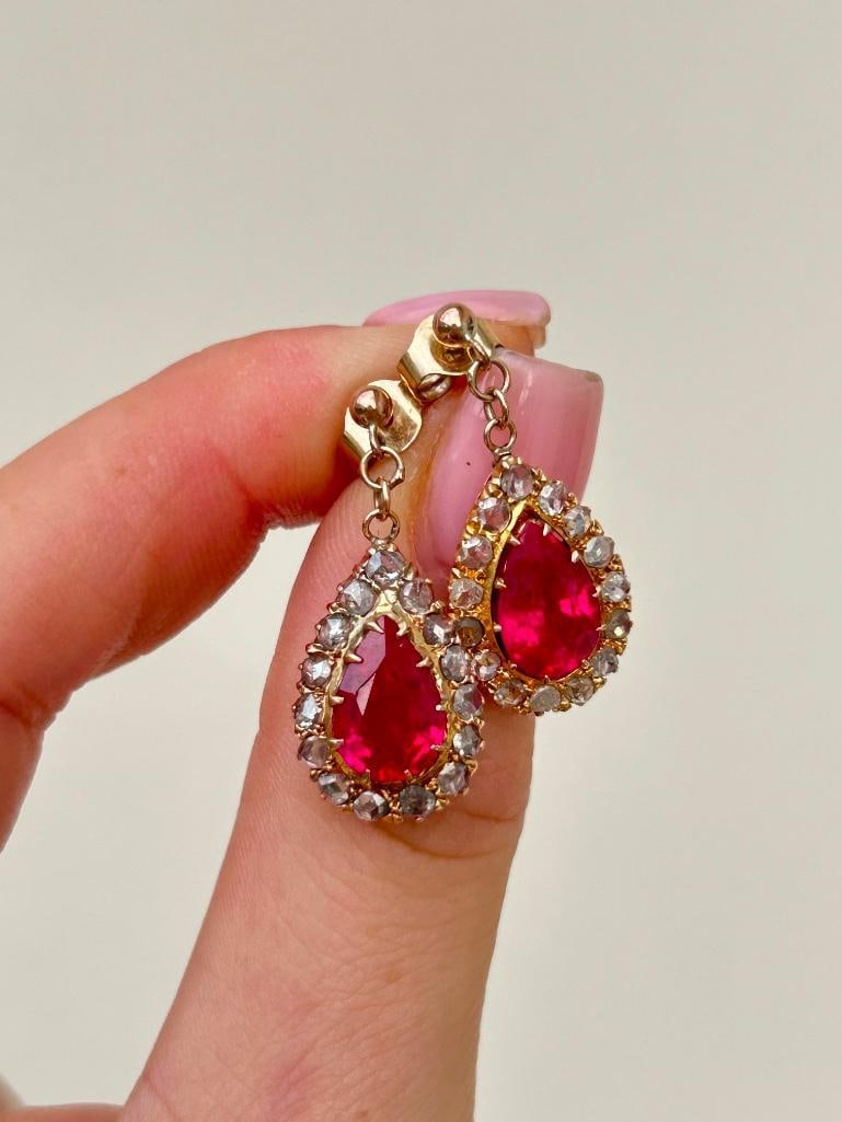 Wonderful Gold Rose Cut Diamond and Synthetic Ruby Pear Drop Earrings: Wonderful Gold Rose Cut Diamond and Synthetic Ruby Pear Drop Earrings the prettiest pair of earrings truly delightful Measurements: size 26mm x 11mm weight 5.18g