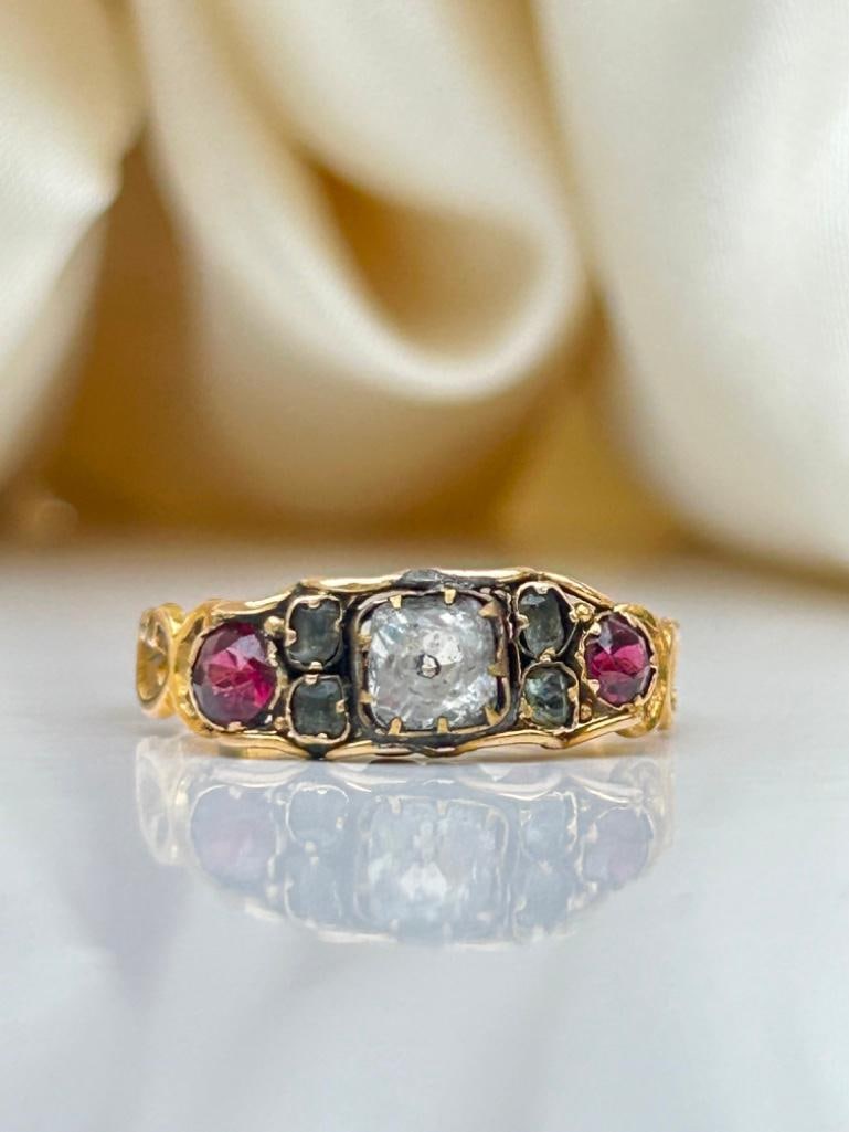 Antique Gemstone Ring in Gold: Antique Gemstone Ring in Gold charming gemstone ring with beautiful shoulder detail measurements size UK Q US 81/2 head of ring 16mm x 6mm weight 1.69g mater