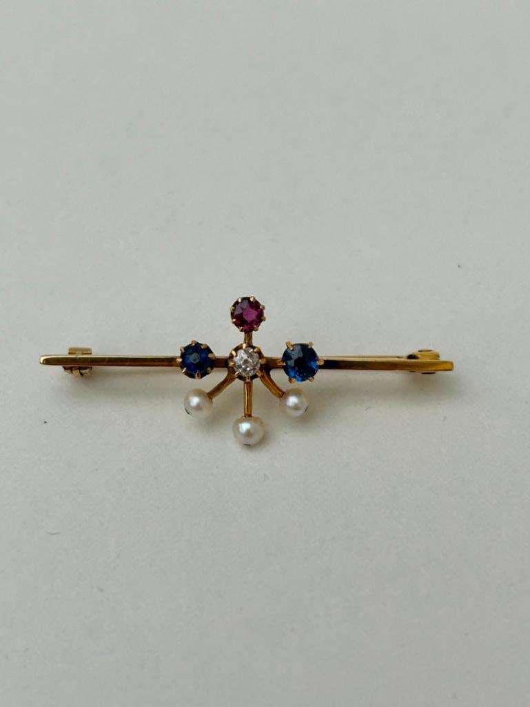 Antique Diamond Ruby Pearl and Sapphire Gold Bar Brooch - 4