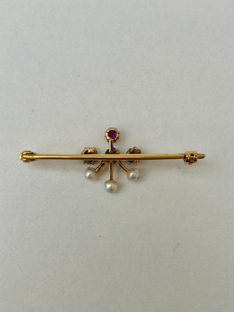 Antique Diamond Ruby Pearl and Sapphire Gold Bar Brooch - 5