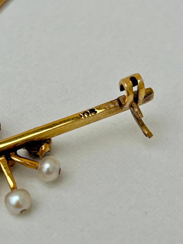 Antique Diamond Ruby Pearl and Sapphire Gold Bar Brooch - 6