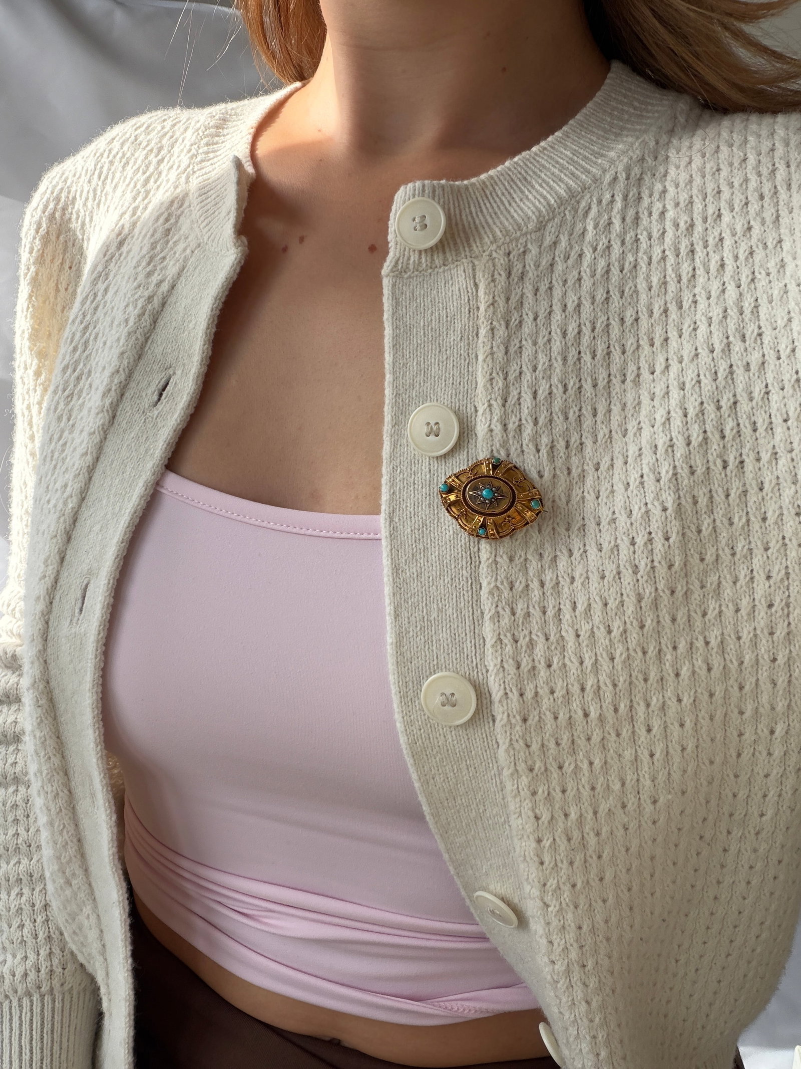 Large Victorian Era 15ct Yellow Gold Turquoise and Pearl Star Brooch with Locket Back - 8