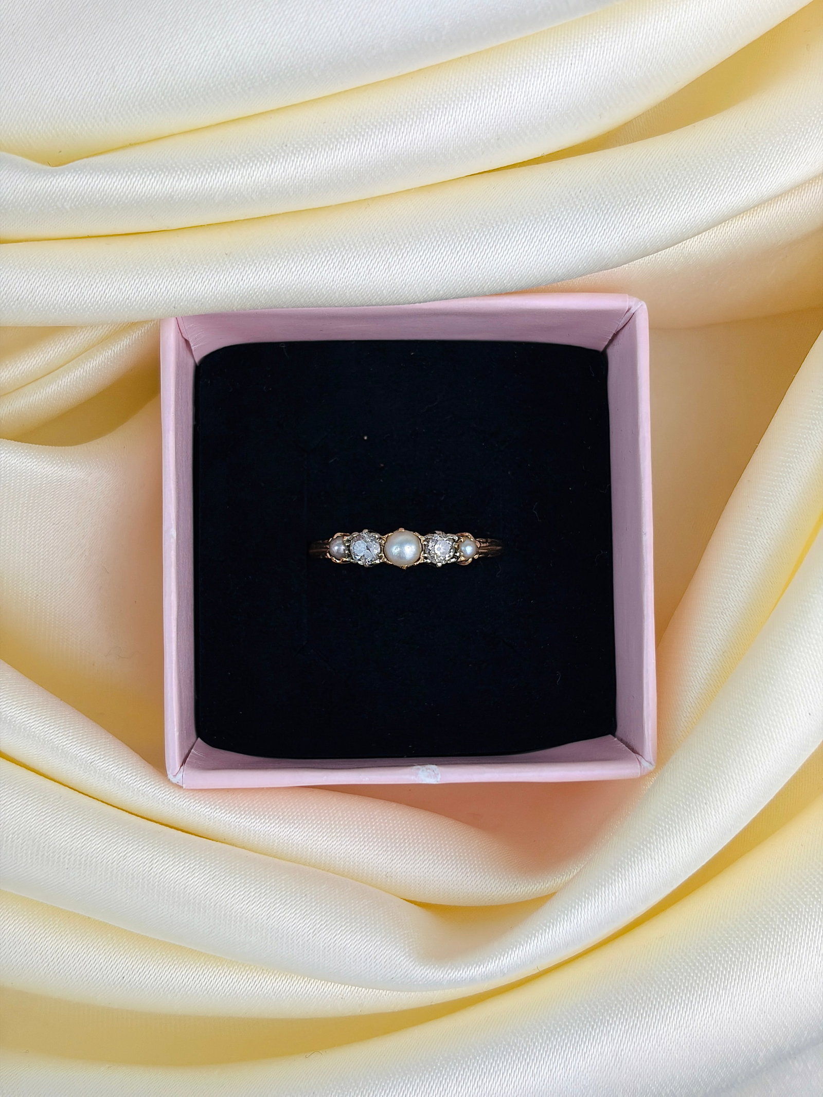 chunky antique 18ct yellow gold pearl and diamond 5 stone ring - 6