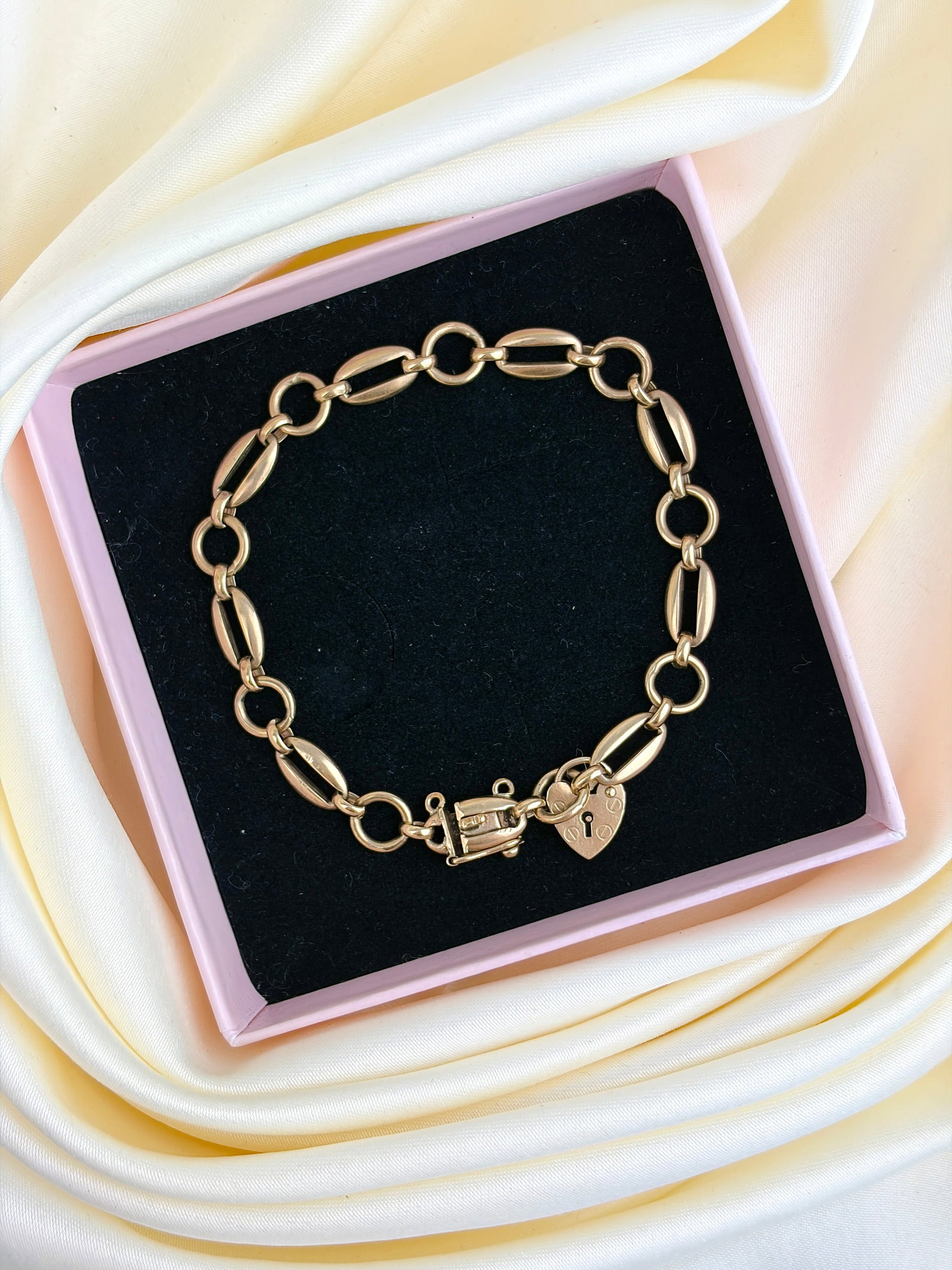 Vintage Cropp & Farr c1970 9ct Yellow Gold Unique Link Bracelet with Heart Padlock Charm - 6