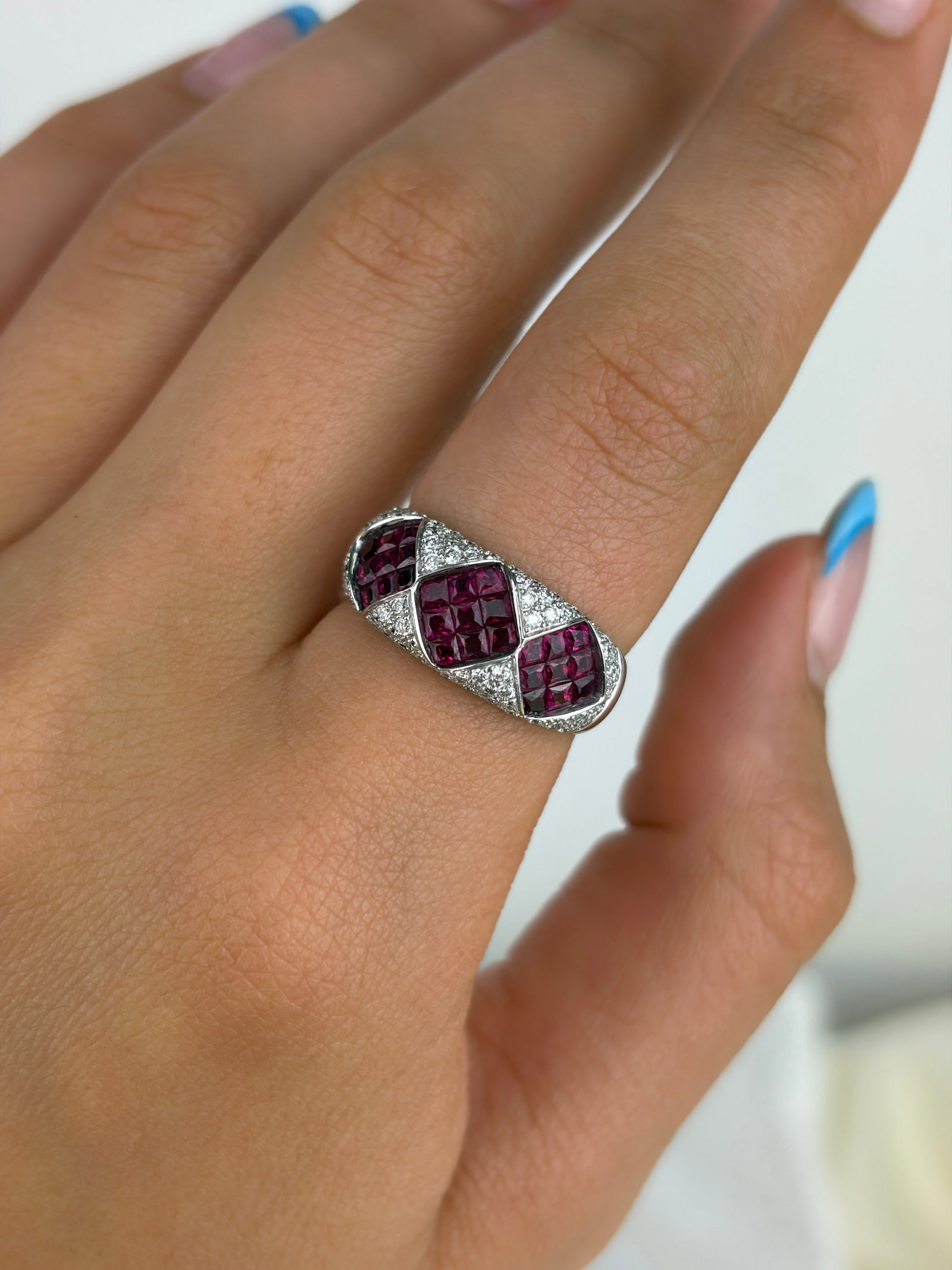 Chunky Vintage 18ct White Gold Ruby and Diamond Statement Ring - 9