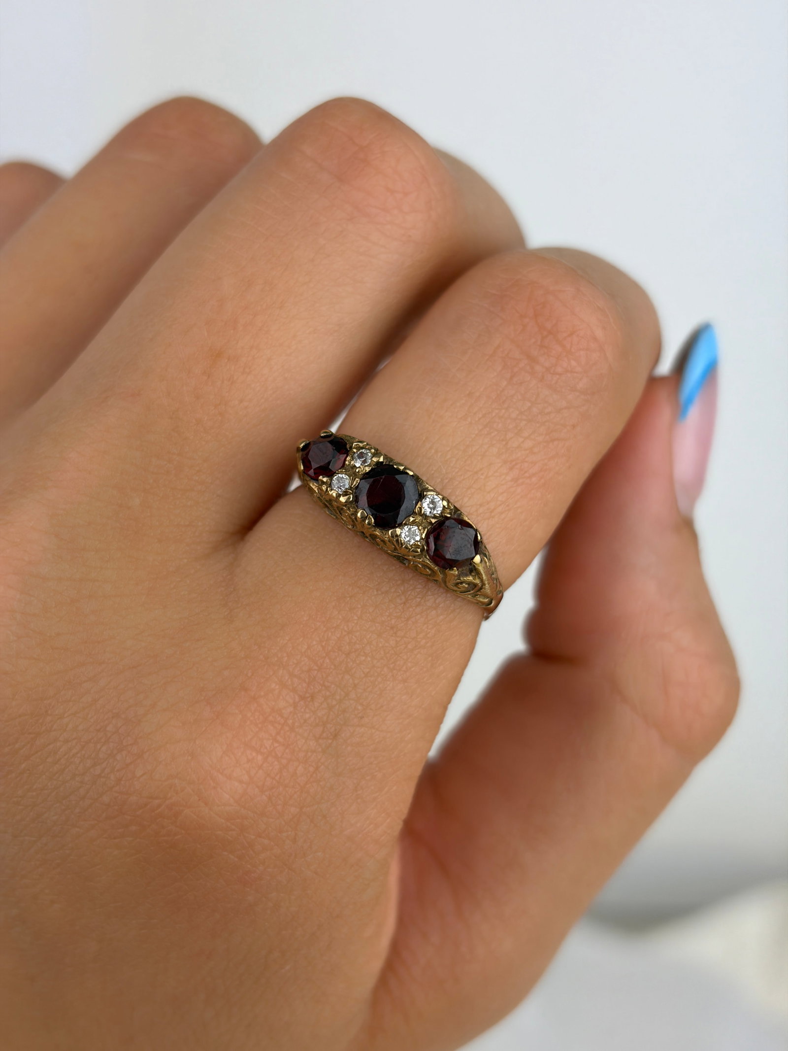 Vintage 9ct Yellow Gold Garnet and White Stone 5 Stone Ring - 8