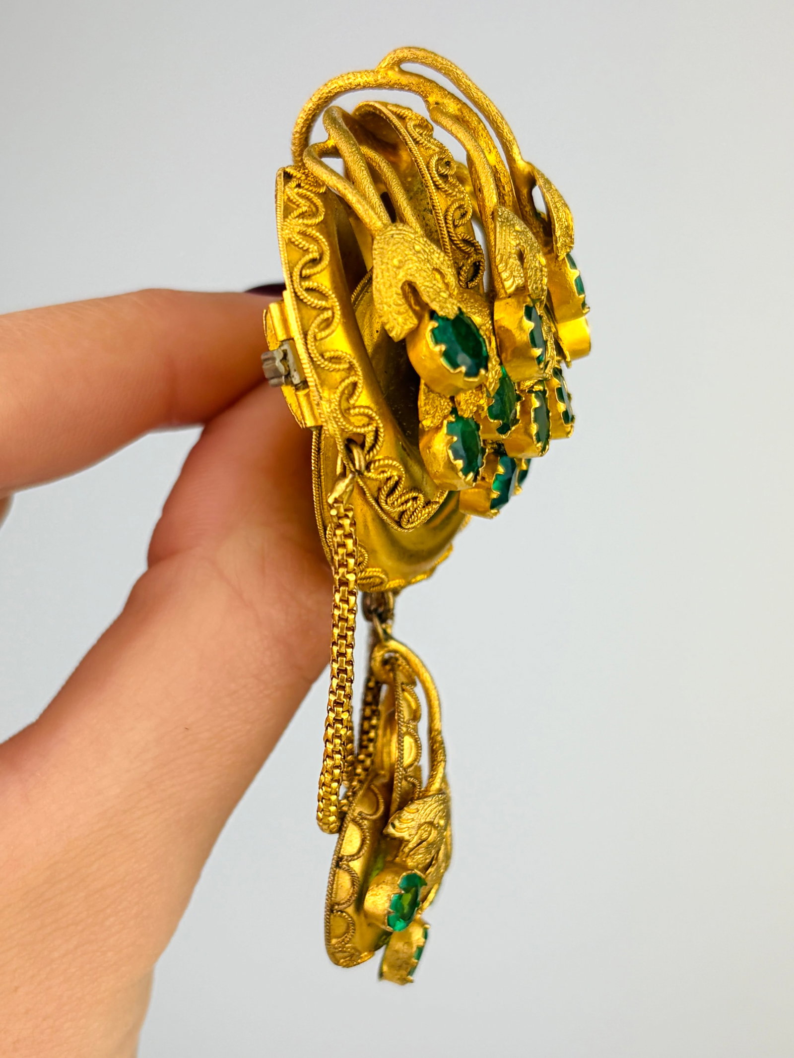 Fancy Extra Large Yellow Metal and Green Paste Brooch - 2