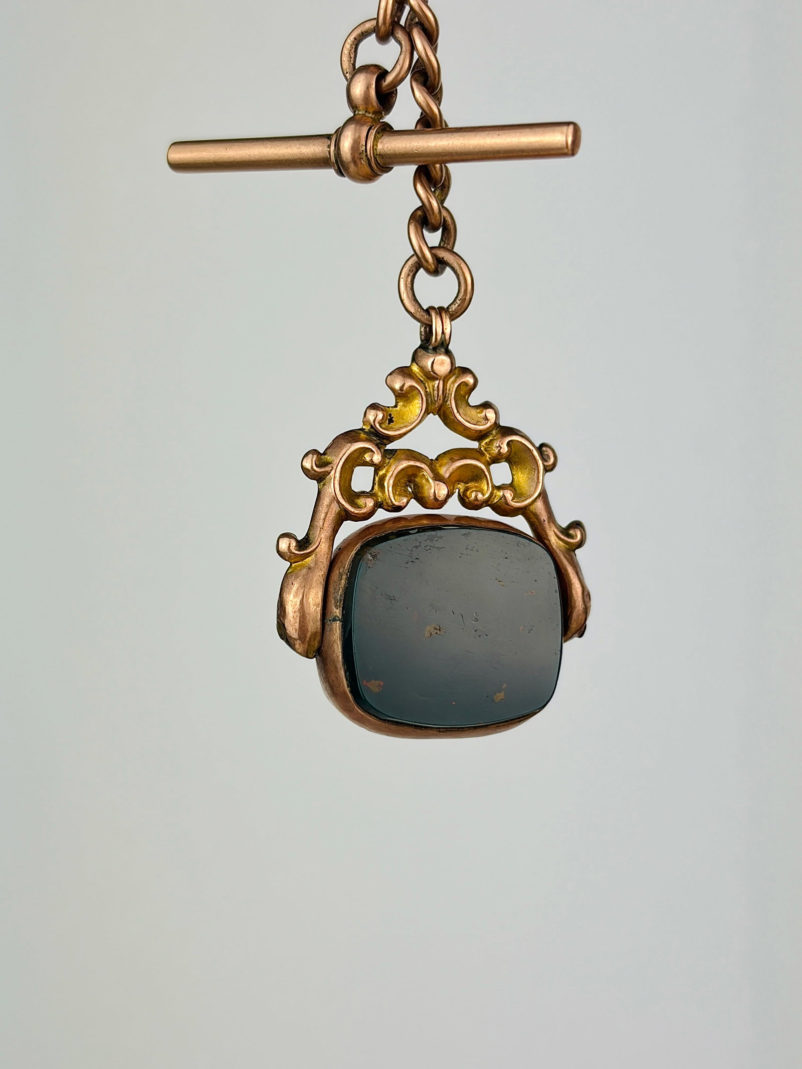 heavy chunky antique 9ct yellow gold double Albert chain with tbar , double dog clips , pendant - 2