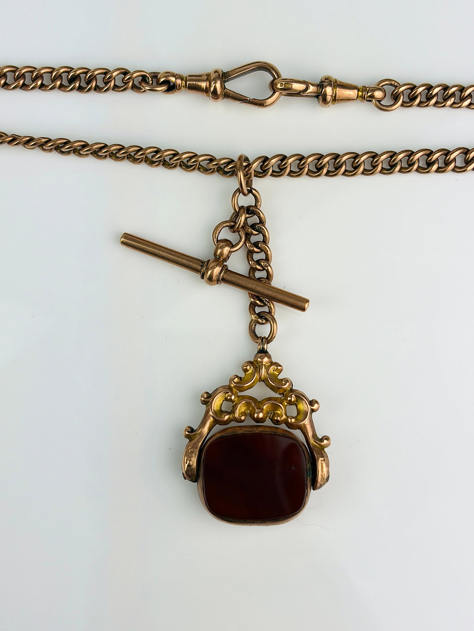 heavy chunky antique 9ct yellow gold double Albert chain with tbar , double dog clips , pendant - 3