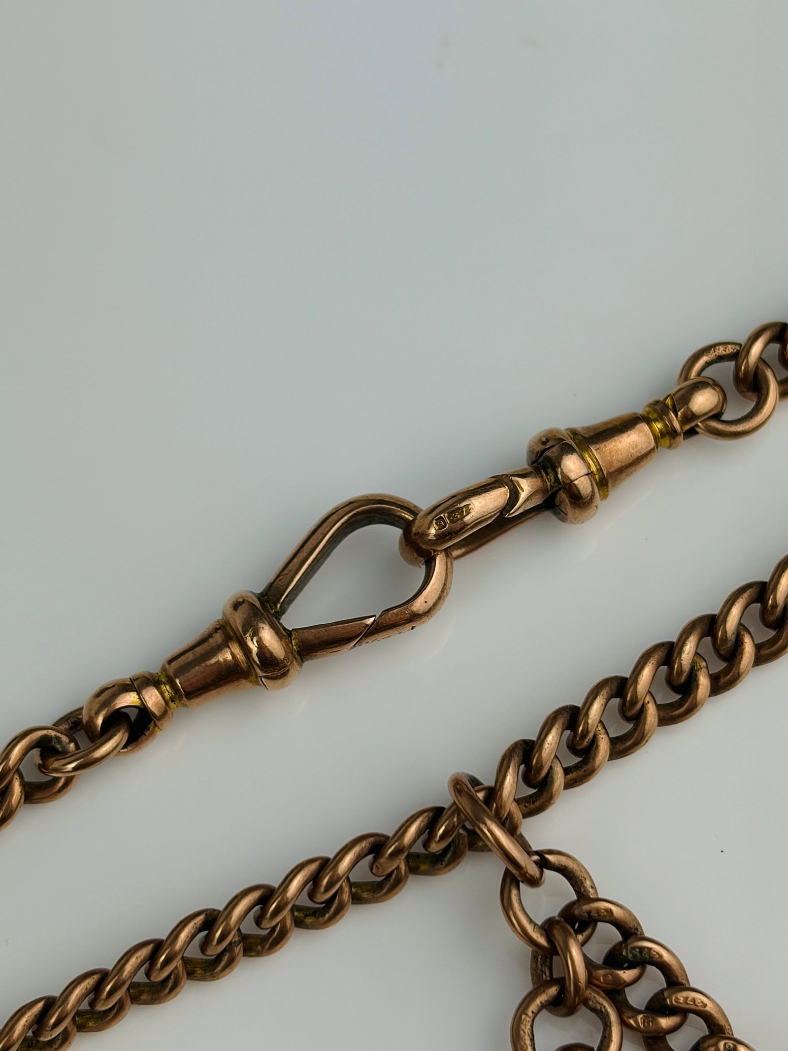 heavy chunky antique 9ct yellow gold double Albert chain with tbar , double dog clips , pendant - 4