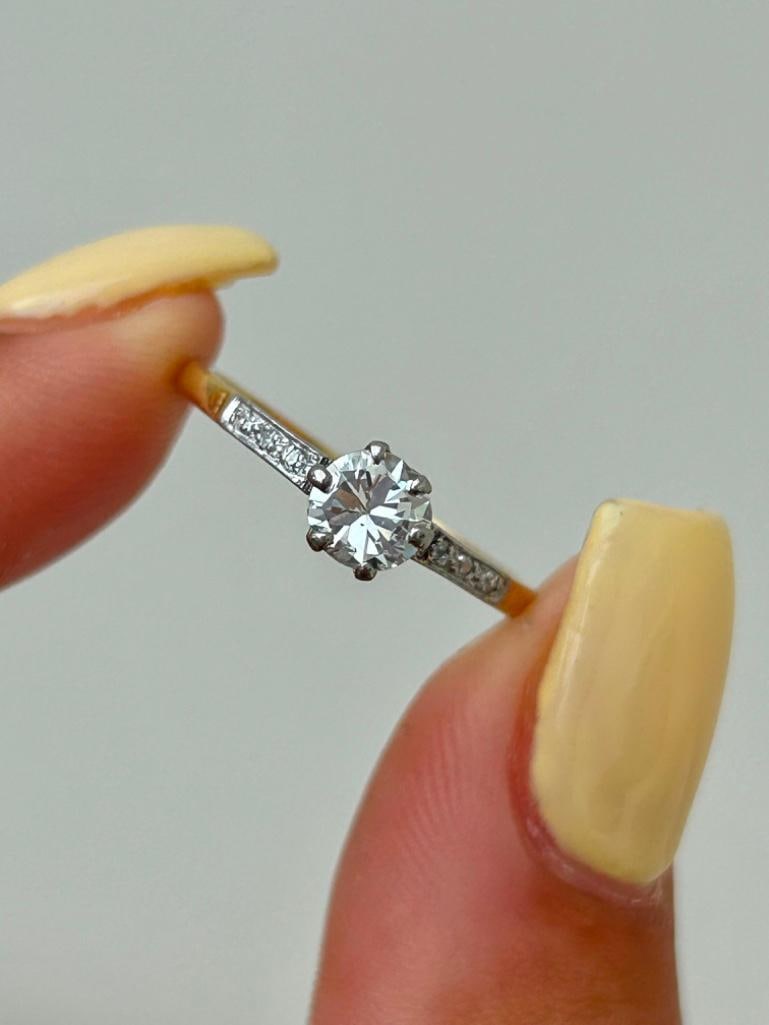 Antique 18ct Yellow Gold and Platinum .55 pts Diamond Solitaire Ring: Antique 18ct Yellow Gold and Platinum .55 pts Diamond Solitaire Ring .55pts approx pretty diamond shoulders, truly exquisite measurements size UK Q US 81/2 head