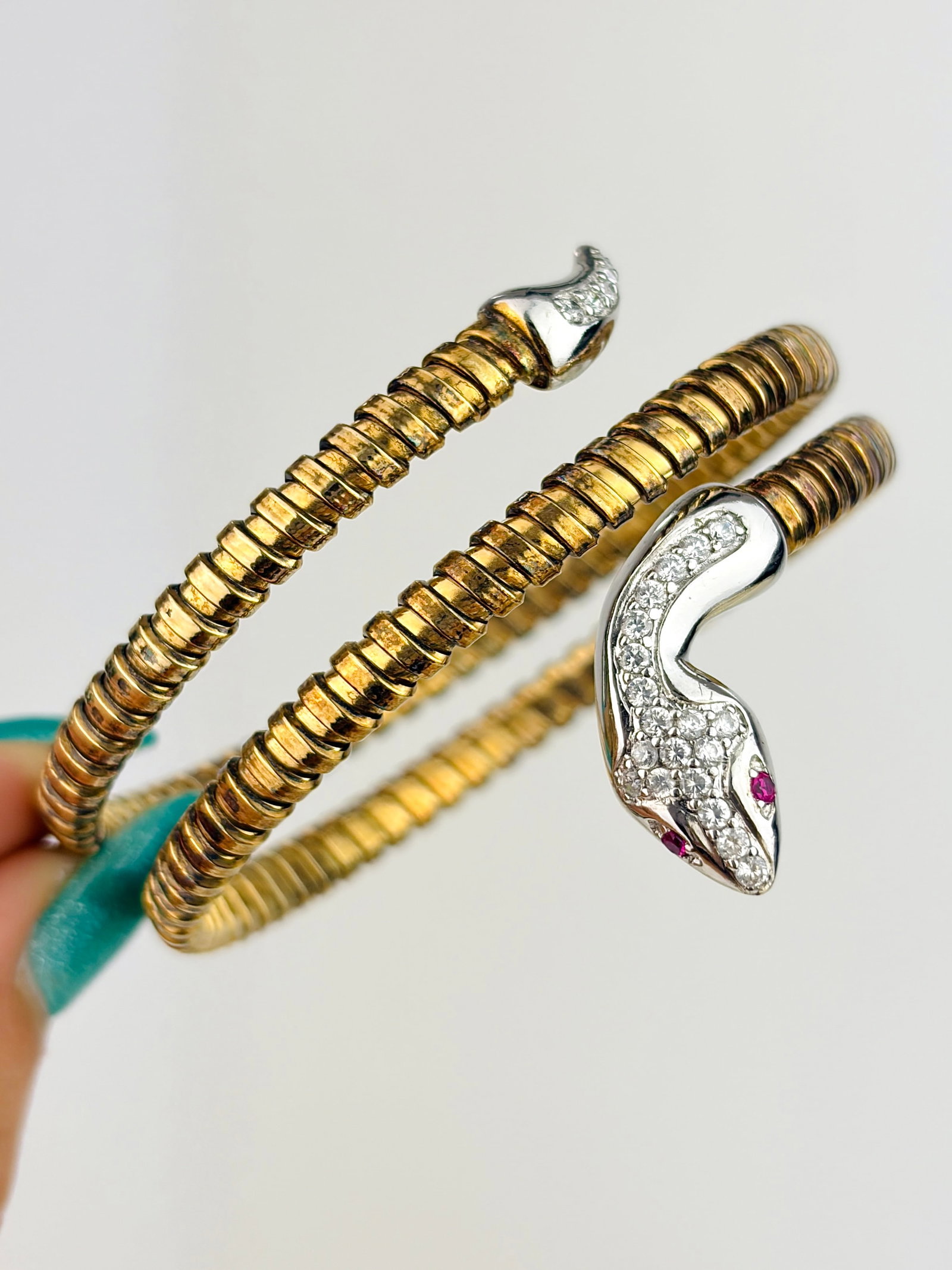 Wonderful Sterling Silver and Gilt Metal Coiled Ruby and White Stone Snake Bangle: Wonderful Sterling Silver and Gilt Metal Coiled Ruby and White Stone Snake Bangle Such an amazing coiled bangle!