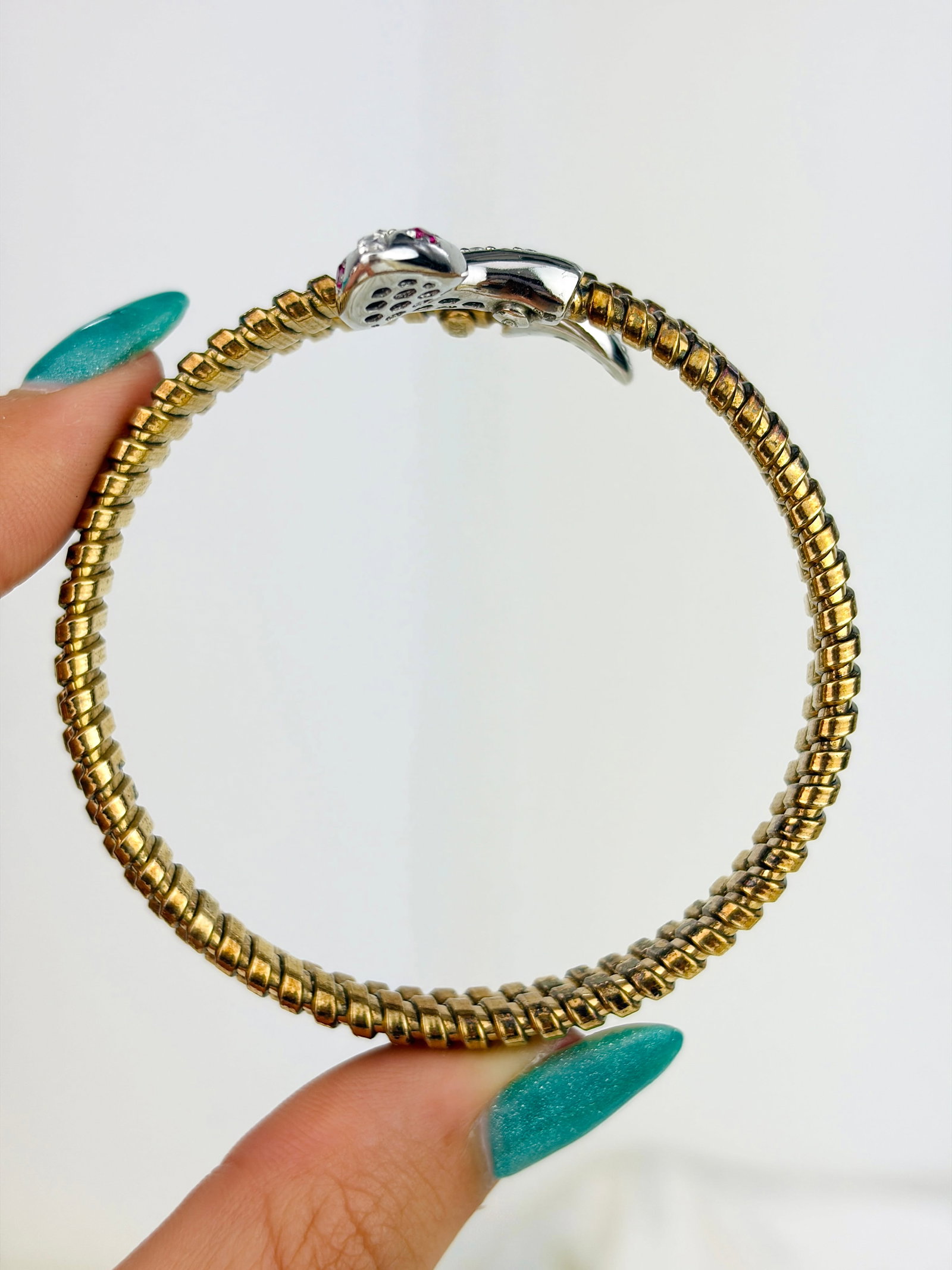 Wonderful Sterling Silver and Gilt Metal Coiled Ruby and White Stone Snake Bangle - 2