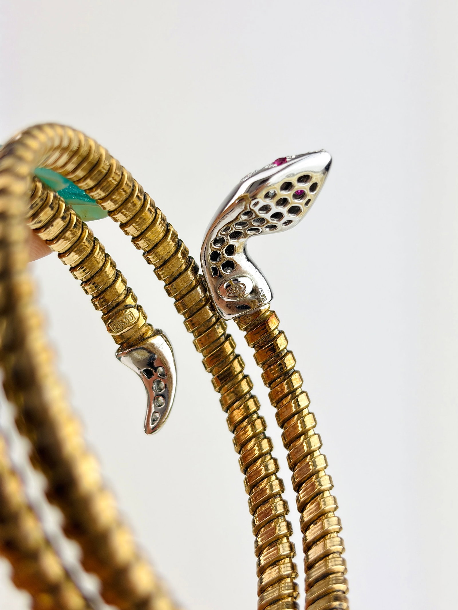 Wonderful Sterling Silver and Gilt Metal Coiled Ruby and White Stone Snake Bangle - 3