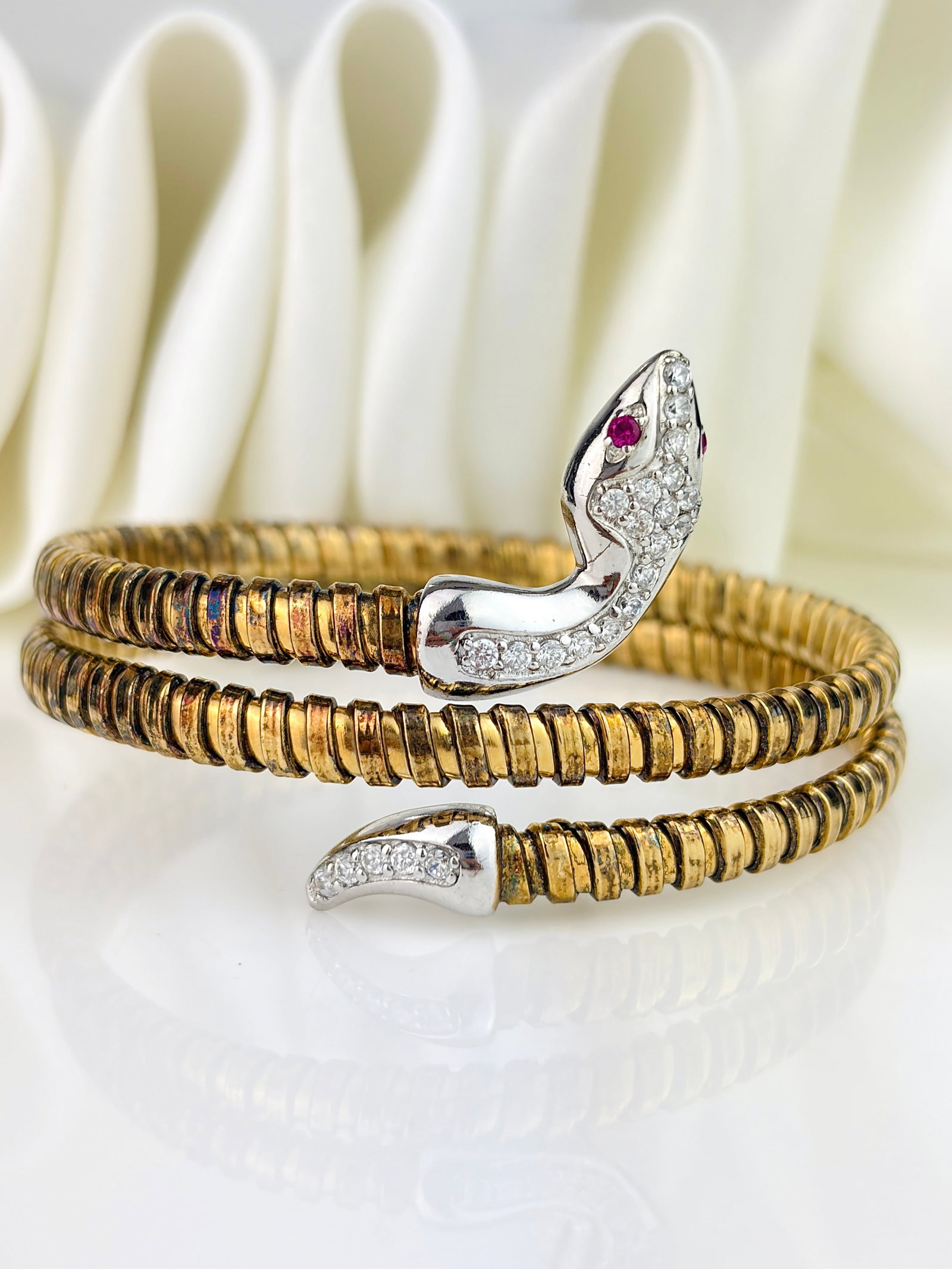 Wonderful Sterling Silver and Gilt Metal Coiled Ruby and White Stone Snake Bangle - 4