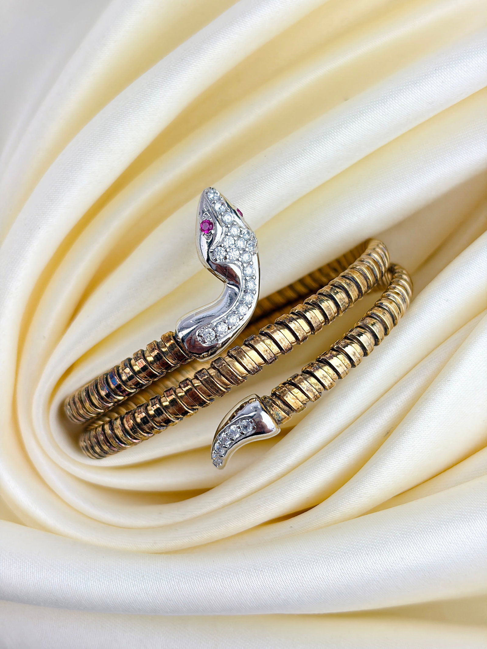 Wonderful Sterling Silver and Gilt Metal Coiled Ruby and White Stone Snake Bangle - 5