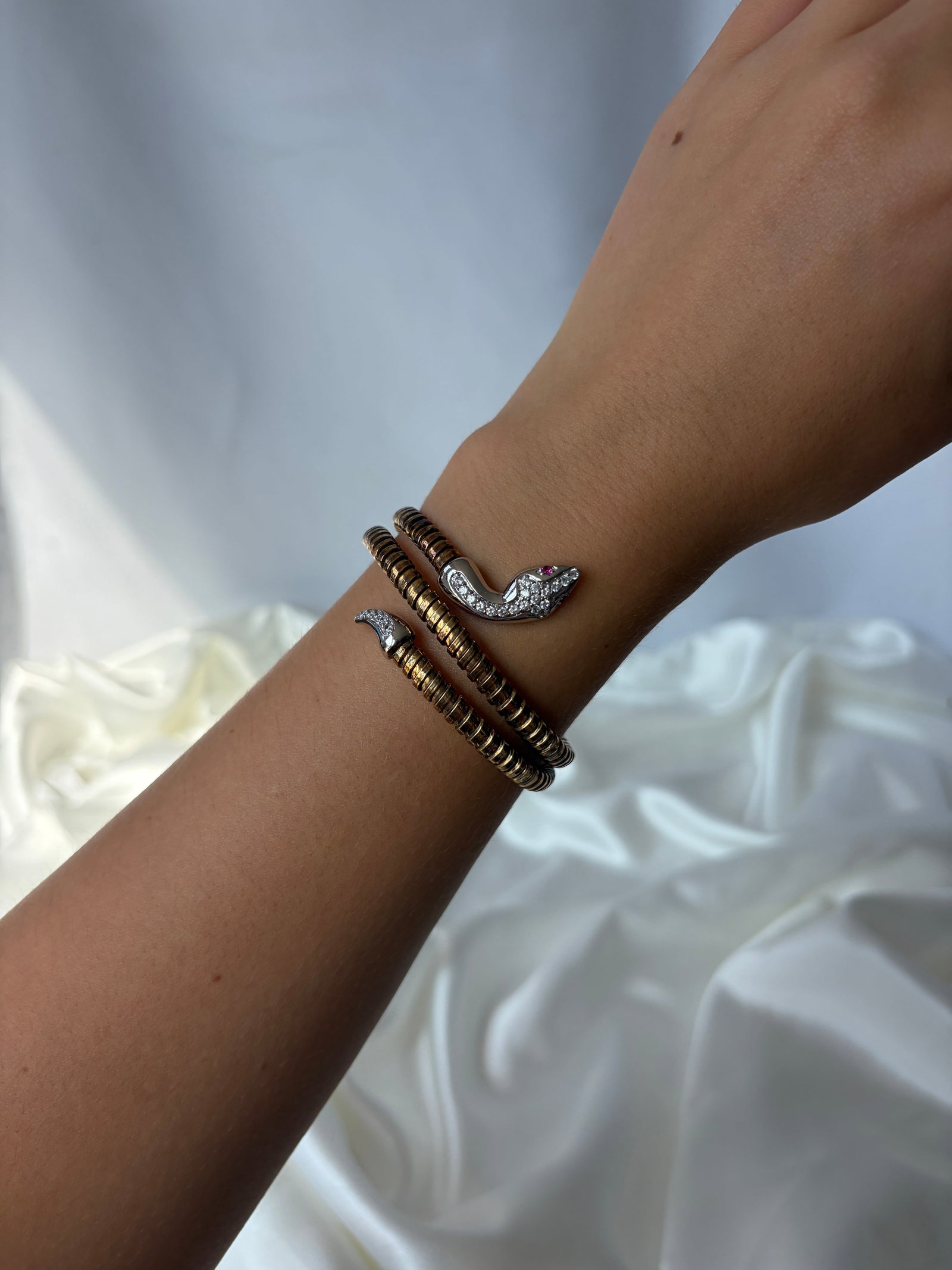 Wonderful Sterling Silver and Gilt Metal Coiled Ruby and White Stone Snake Bangle - 6