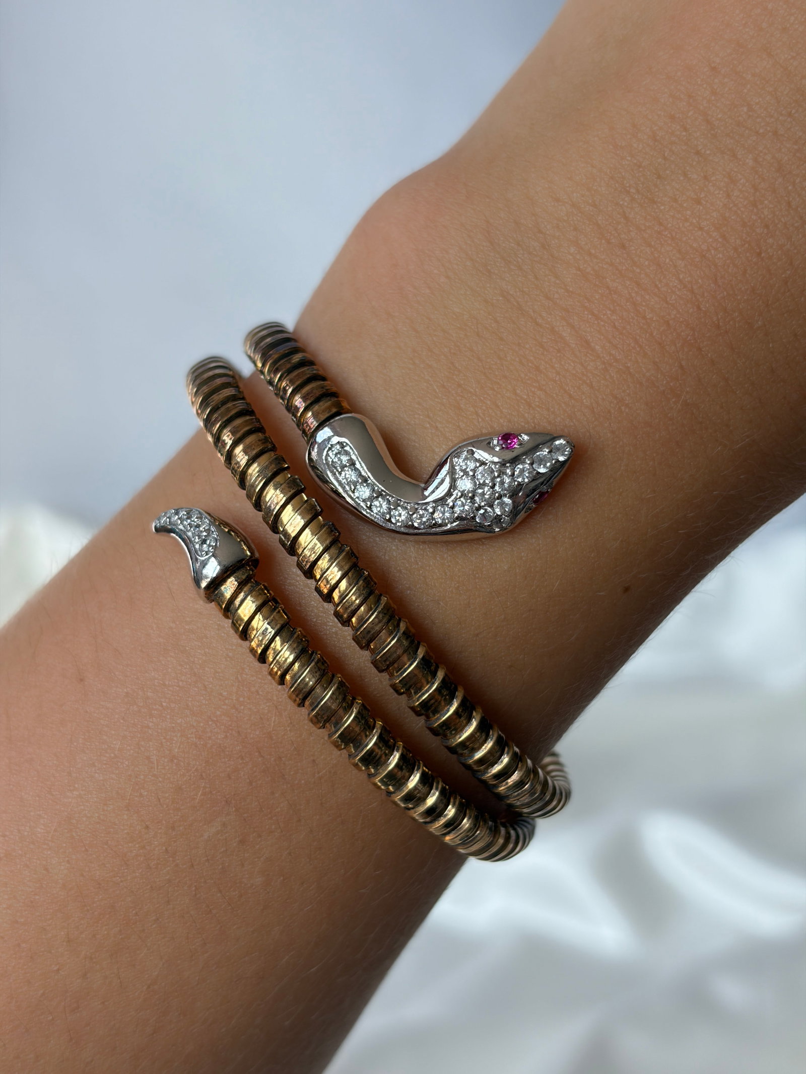 Wonderful Sterling Silver and Gilt Metal Coiled Ruby and White Stone Snake Bangle - 7