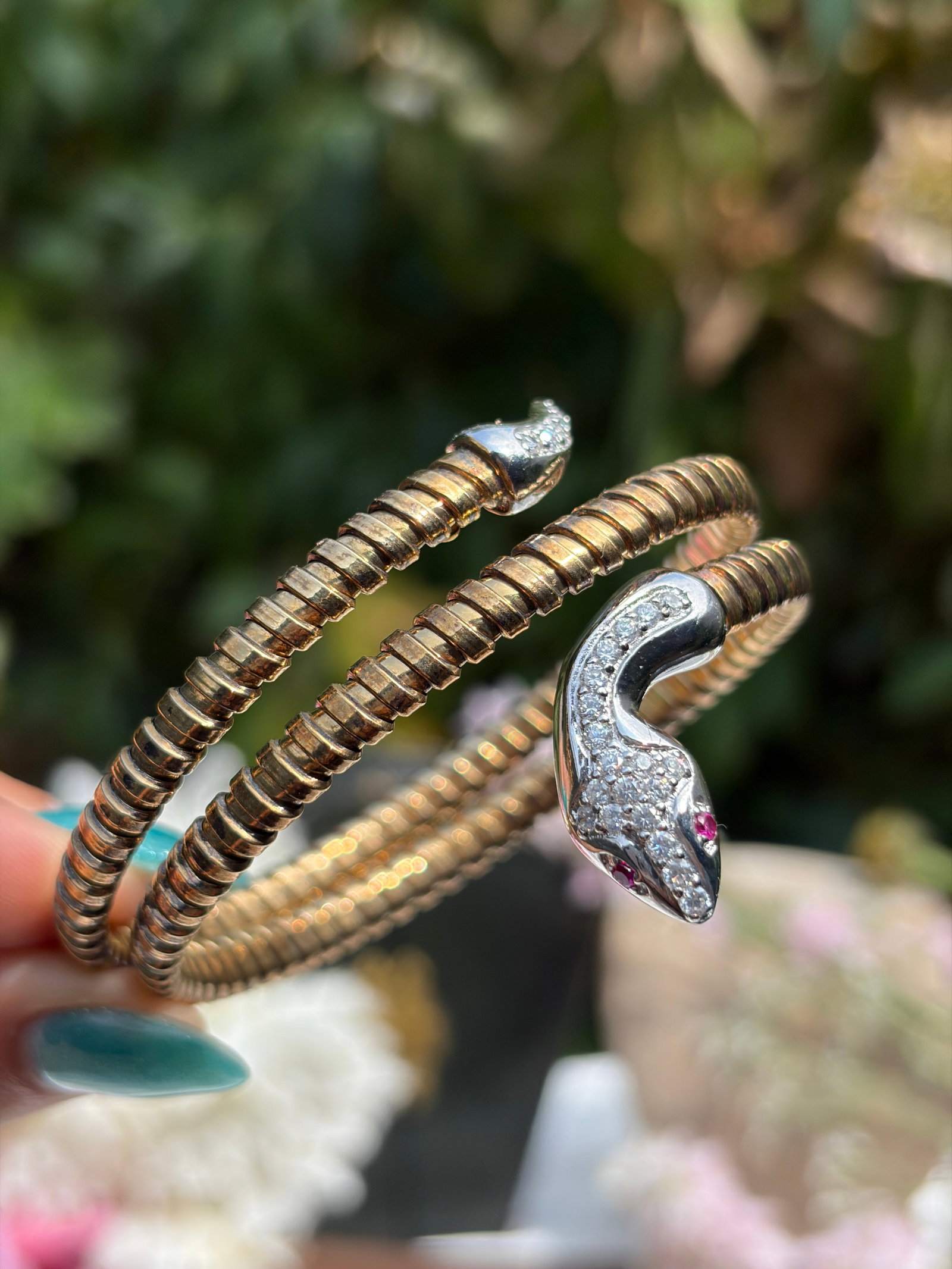 Wonderful Sterling Silver and Gilt Metal Coiled Ruby and White Stone Snake Bangle - 8