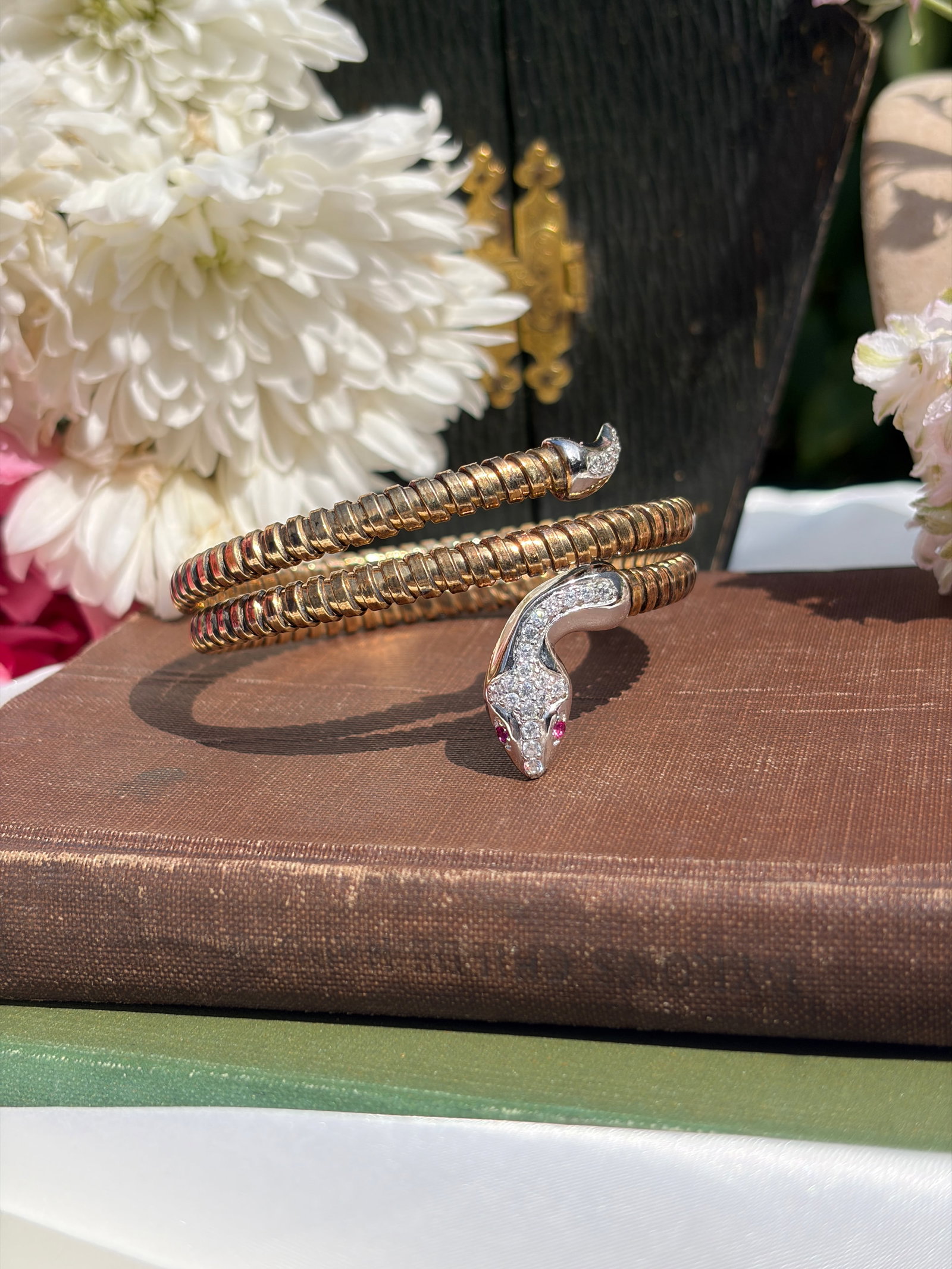 Wonderful Sterling Silver and Gilt Metal Coiled Ruby and White Stone Snake Bangle - 9