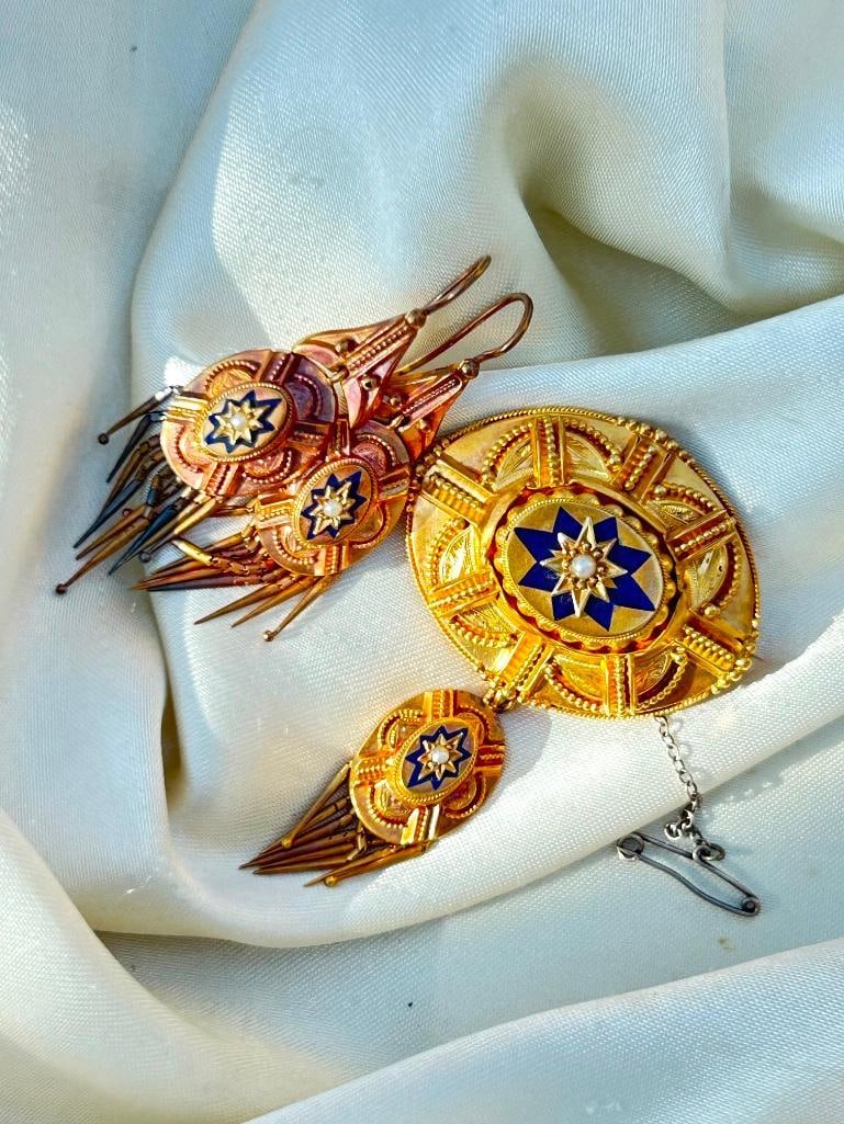 Antique Victorian Era 18ct Yellow Gold Blue Enamel Stars and Pearl Suite in Fitted Box - 11