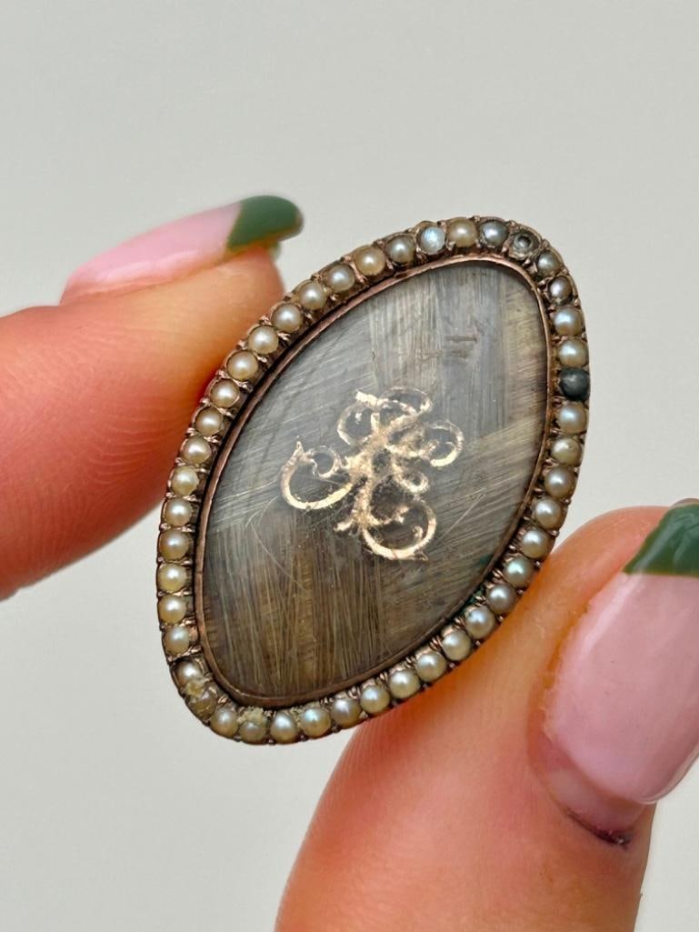 Antique Gold Large Hair Navette Ring with Pearl Surround: Antique Gold Large Hair Navette Ring with Pearl Surround Hair locket navette ring with pearl surround measurements: ring size UK M1/2 or US 6 1/4 head of ring 28x18mm weight 6.29g tests as