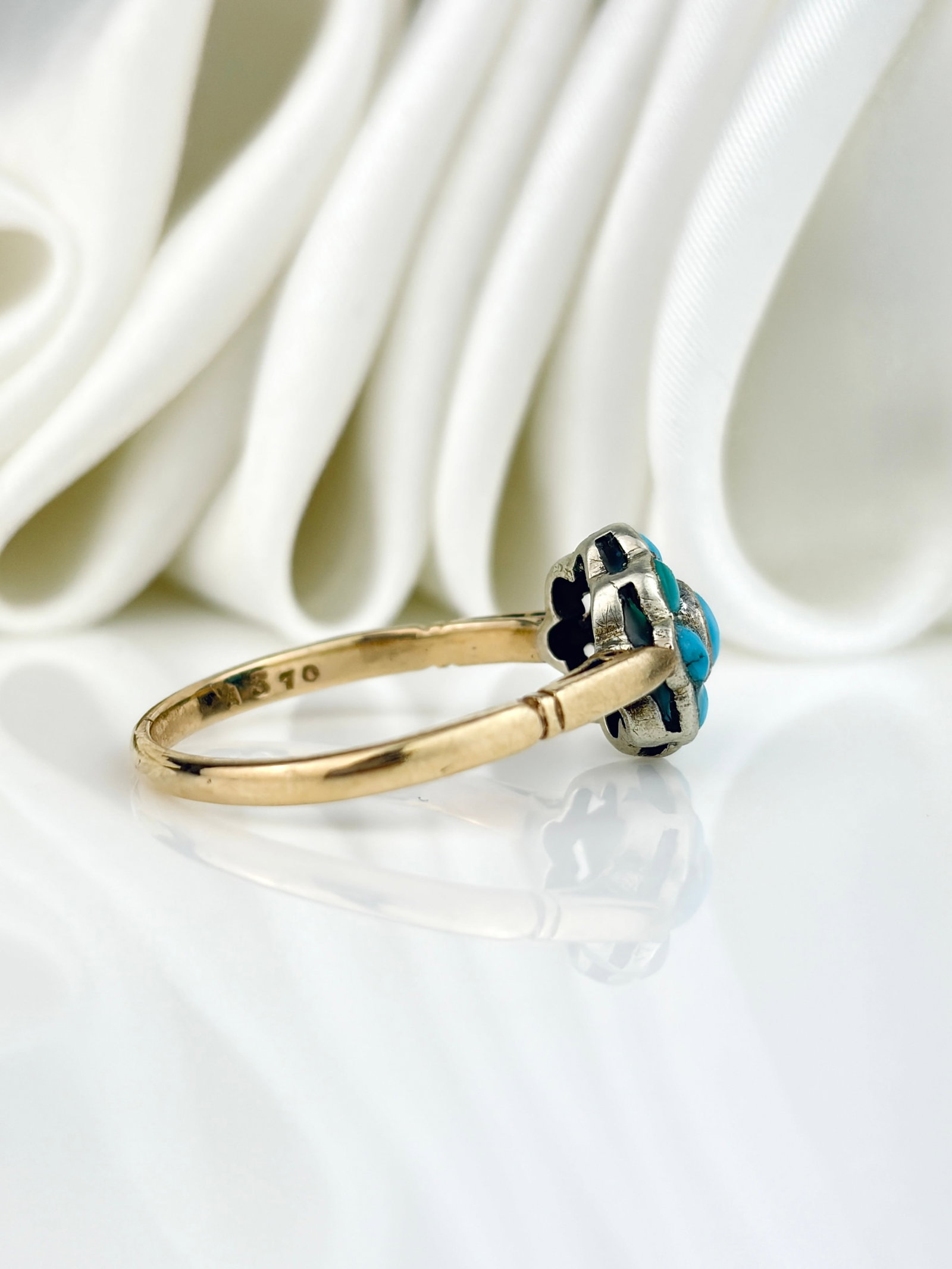 Antique 9ct Yellow Gold Turquoise Flower Cluster Ring - 2