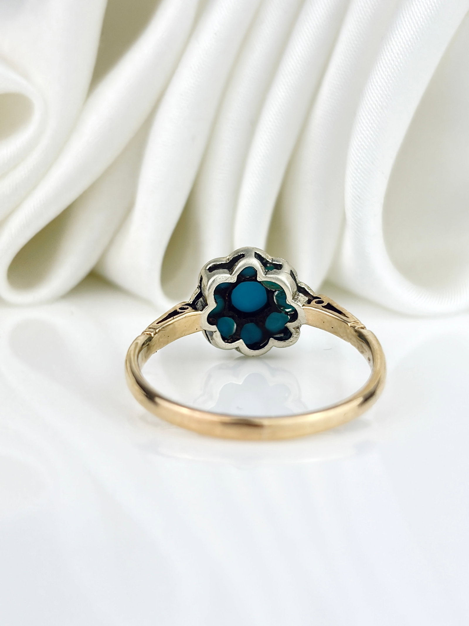 Antique 9ct Yellow Gold Turquoise Flower Cluster Ring - 3