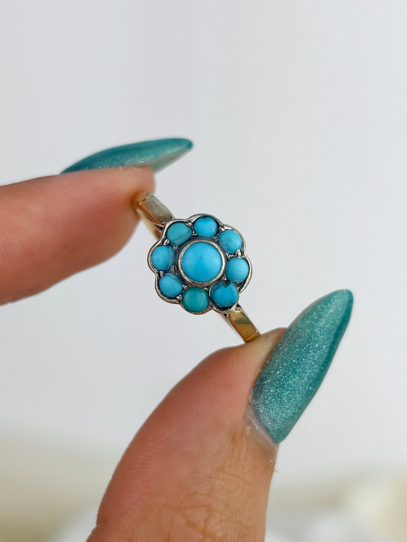 Antique 9ct Yellow Gold Turquoise Flower Cluster Ring - 5
