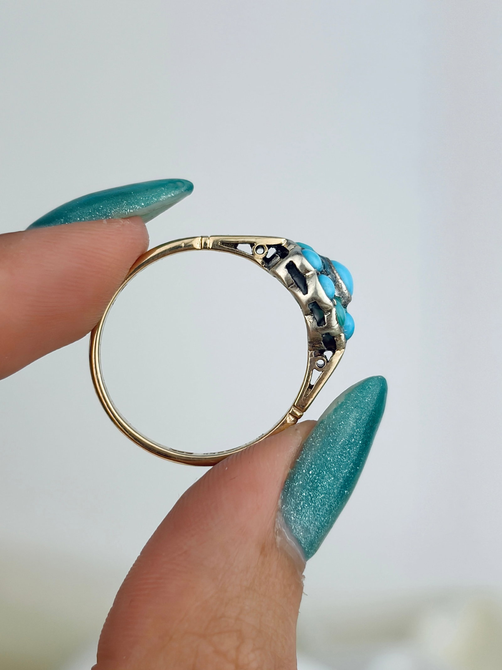 Antique 9ct Yellow Gold Turquoise Flower Cluster Ring - 6