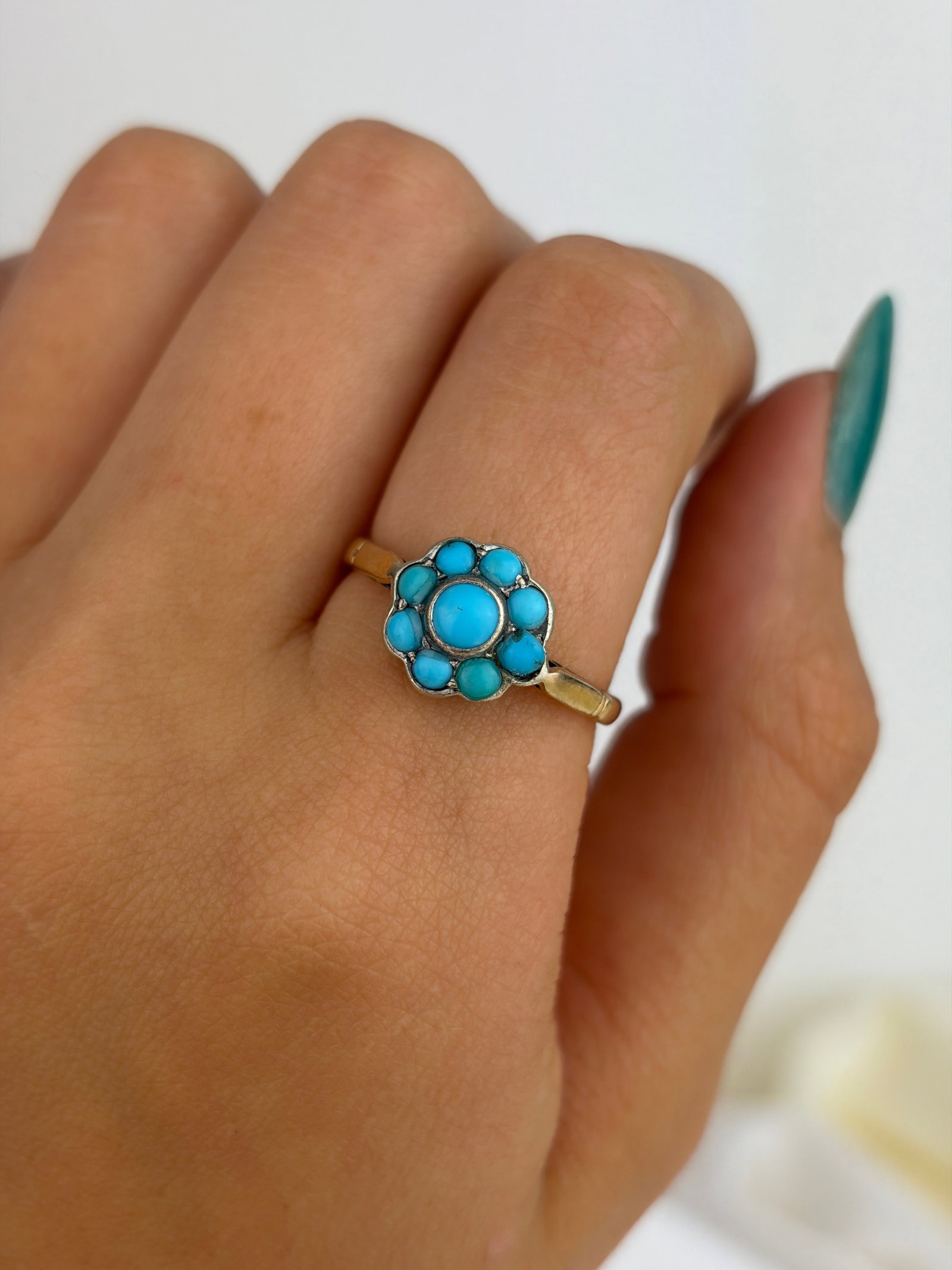 Antique 9ct Yellow Gold Turquoise Flower Cluster Ring - 8