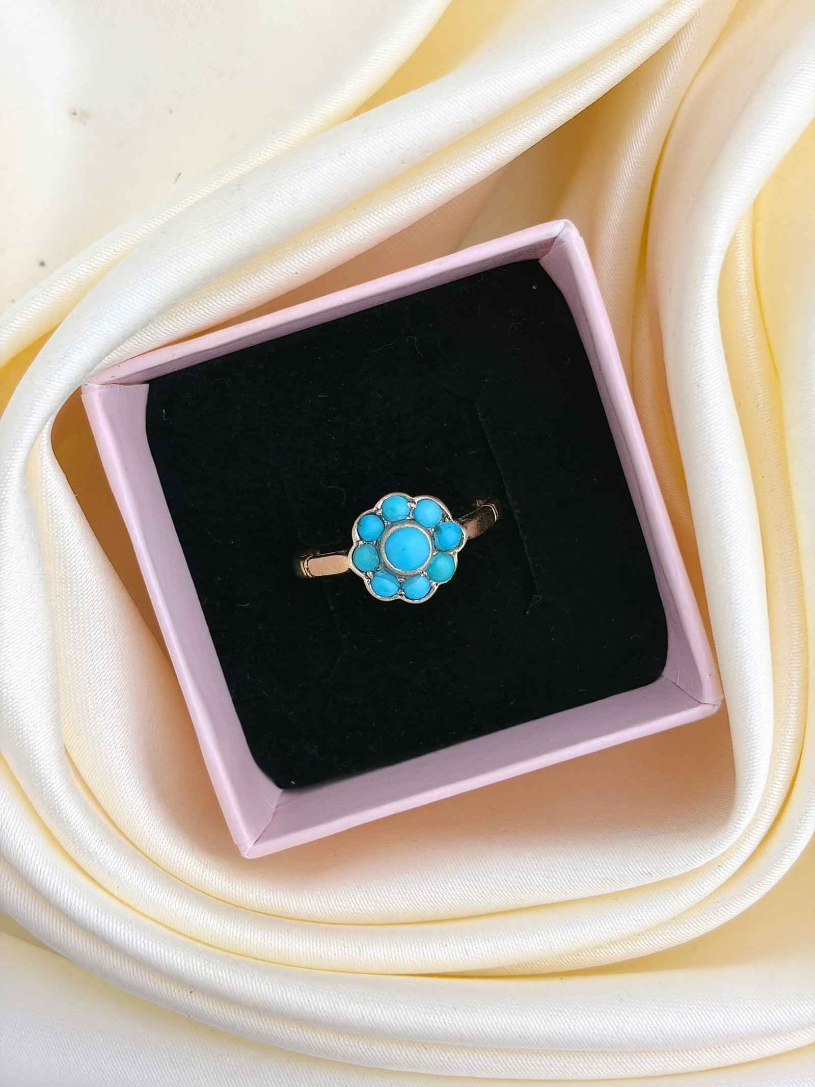 Antique 9ct Yellow Gold Turquoise Flower Cluster Ring - 9