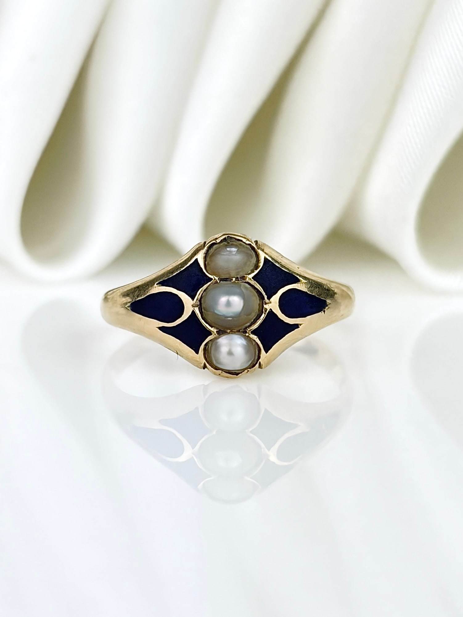 Antique 18ct Yellow Gold Pearl and Blue Enamel Three Stone Ring (1 of 9)