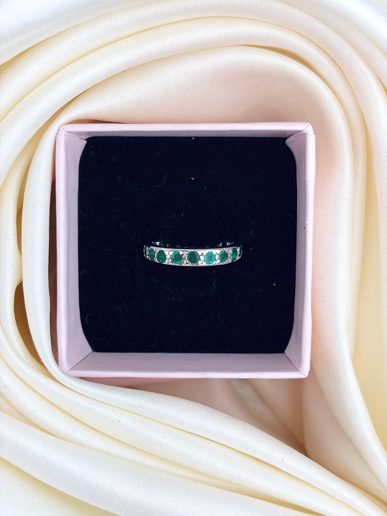 LOVELY PLATINUM EMERALD FULL ETERNITY RING - 6