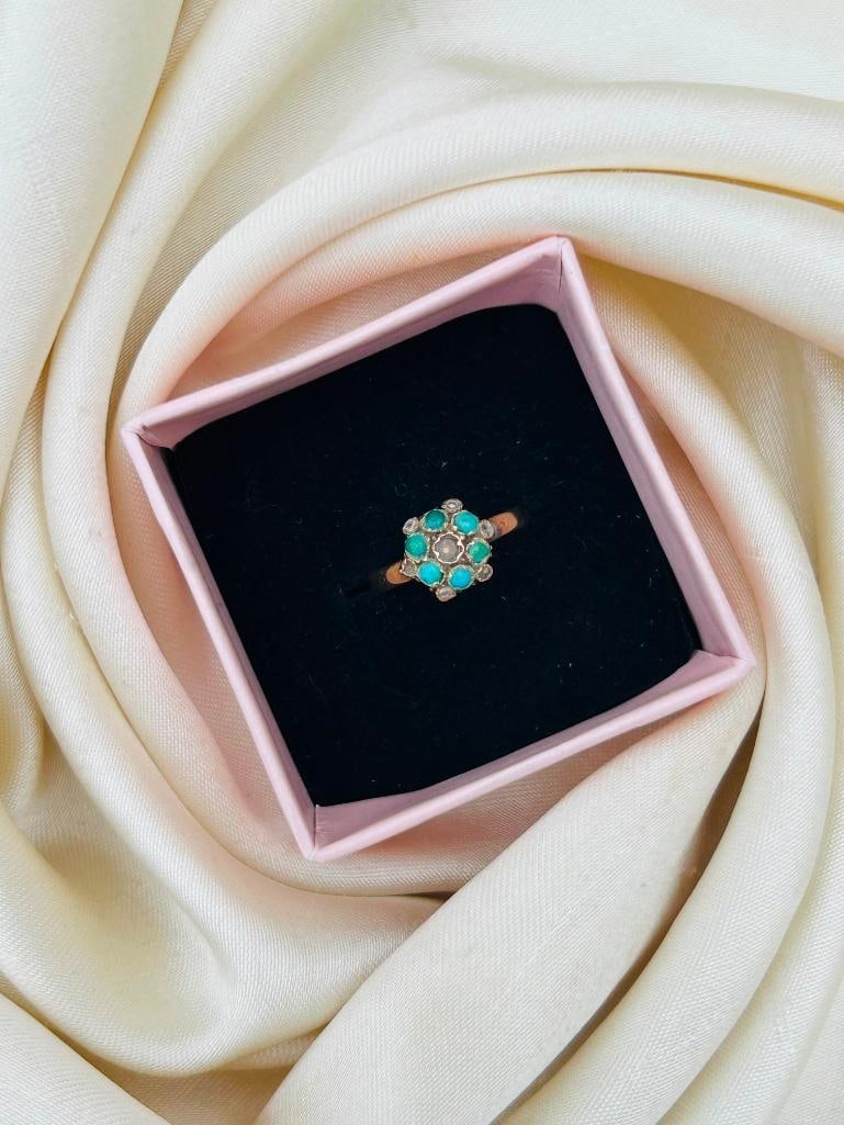 Antique Sweet Turquoise and Pearl Gold Ring - 2