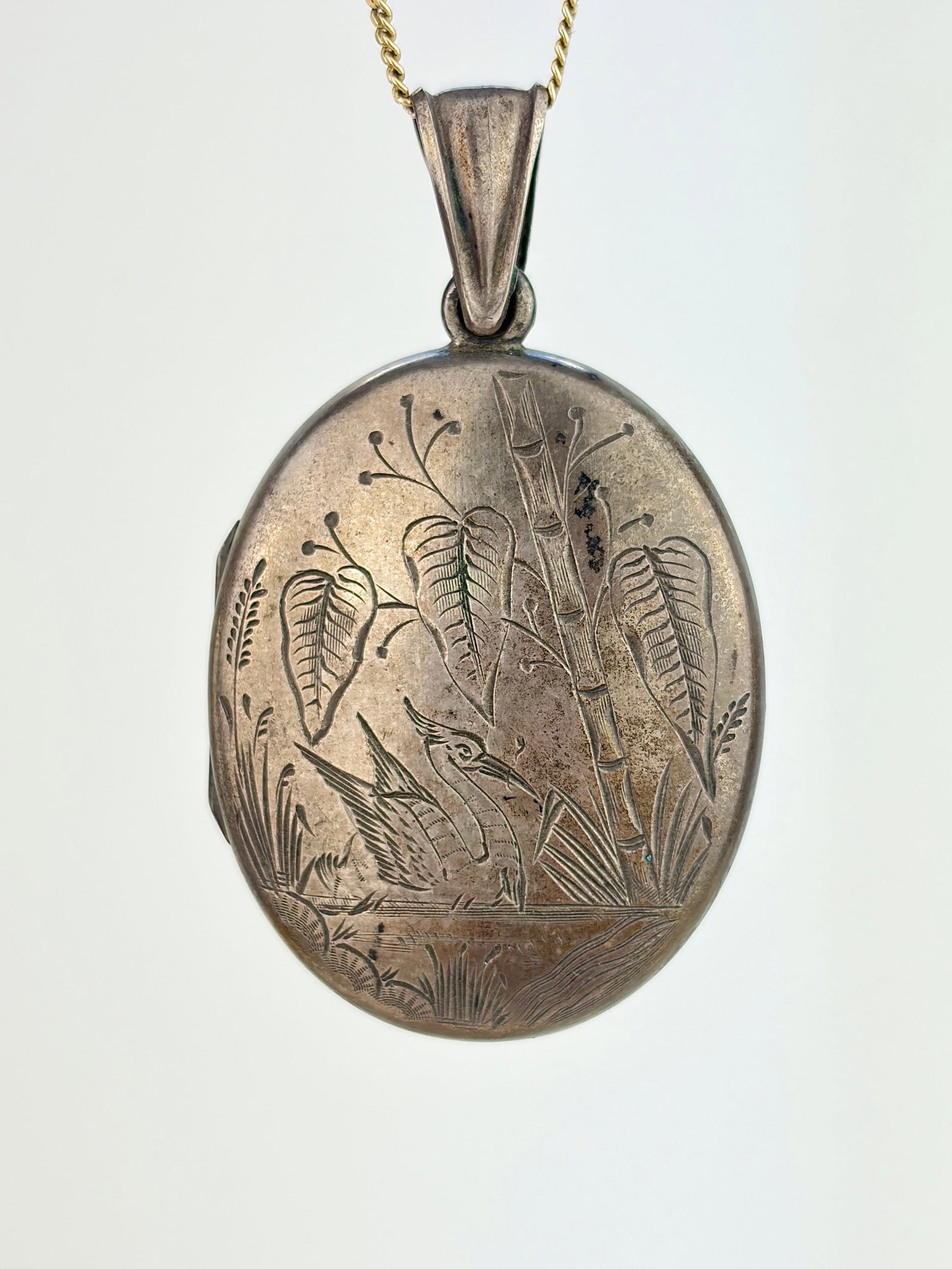Antique Victorian Silver Aesthetic Bird and Bamboo Locket Pendant (1 of 6)