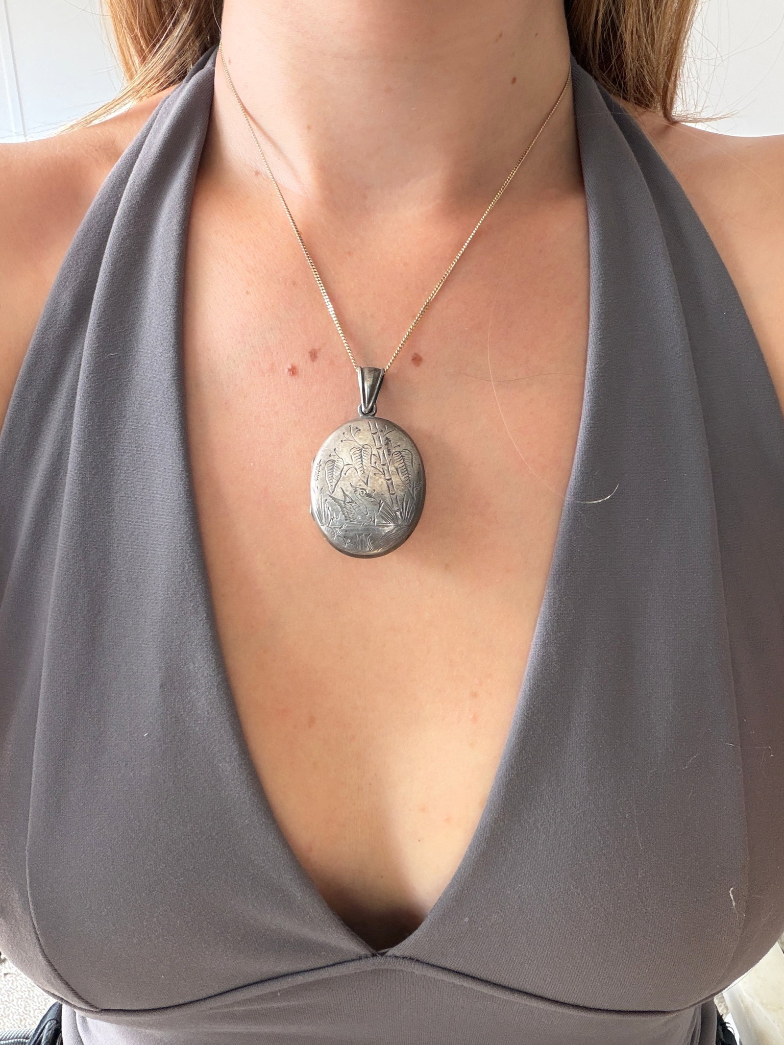 Antique Victorian Silver Aesthetic Bird and Bamboo Locket Pendant - 2