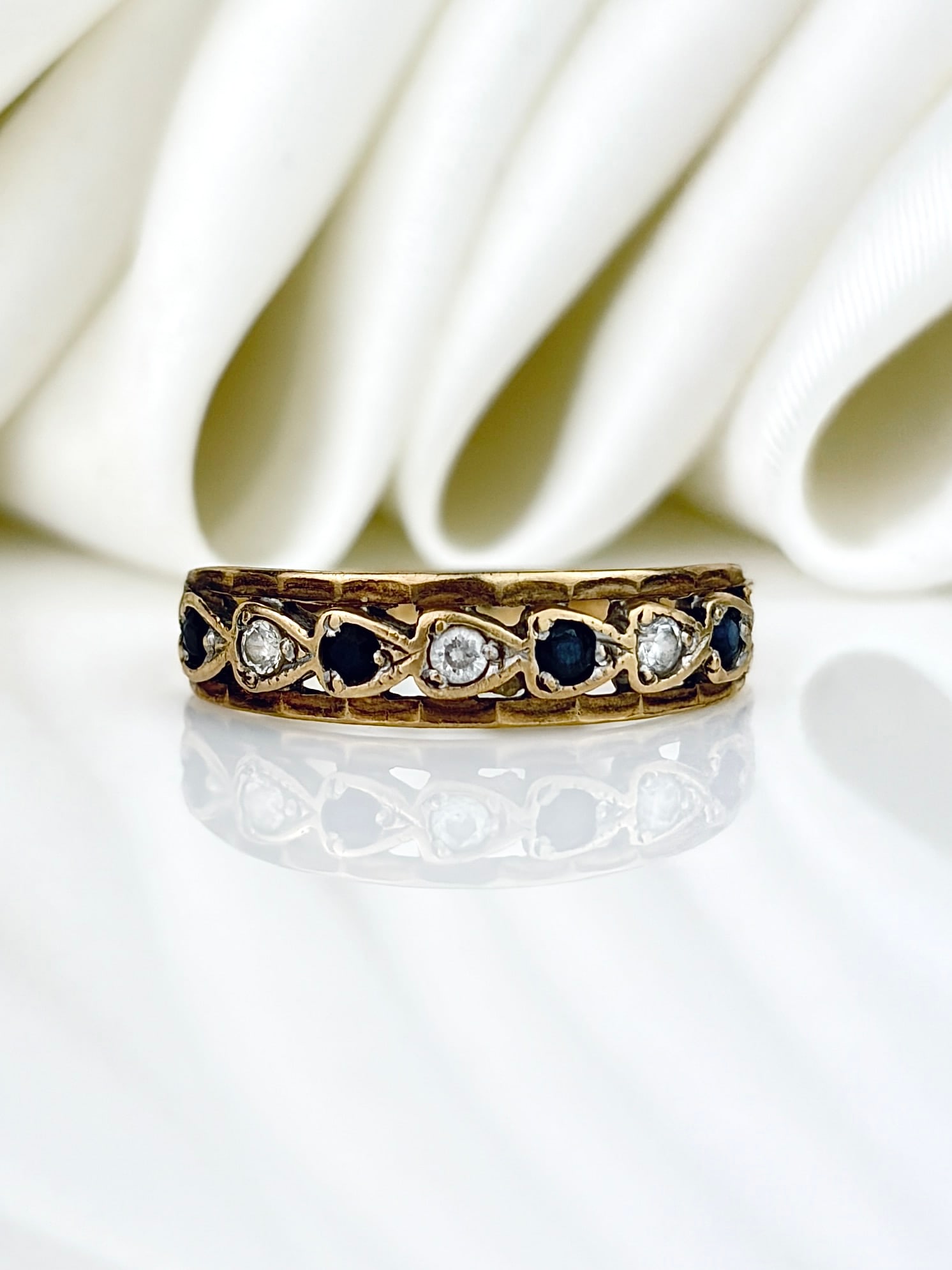 Vintage 9ct Yellow Gold Sapphire and Diamond Half Hoop Ring: Vintage 9ct Yellow Gold Sapphire and Diamond Half Hoop Ring Gorgeous!