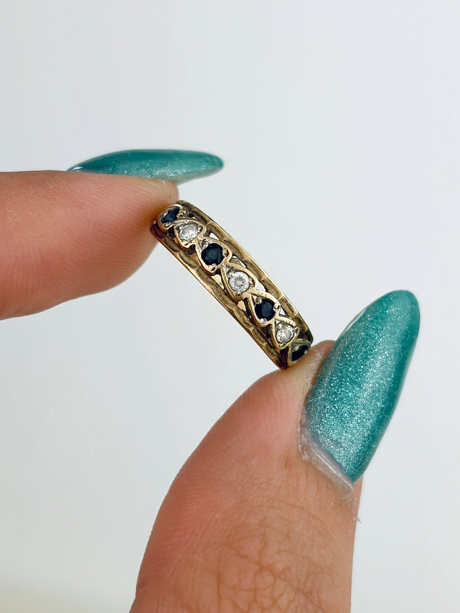 Vintage 9ct Yellow Gold Sapphire and Diamond Half Hoop Ring - 5