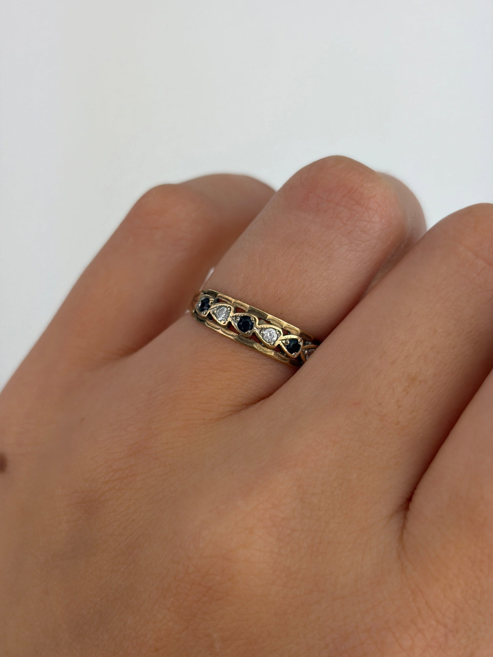 Vintage 9ct Yellow Gold Sapphire and Diamond Half Hoop Ring - 8